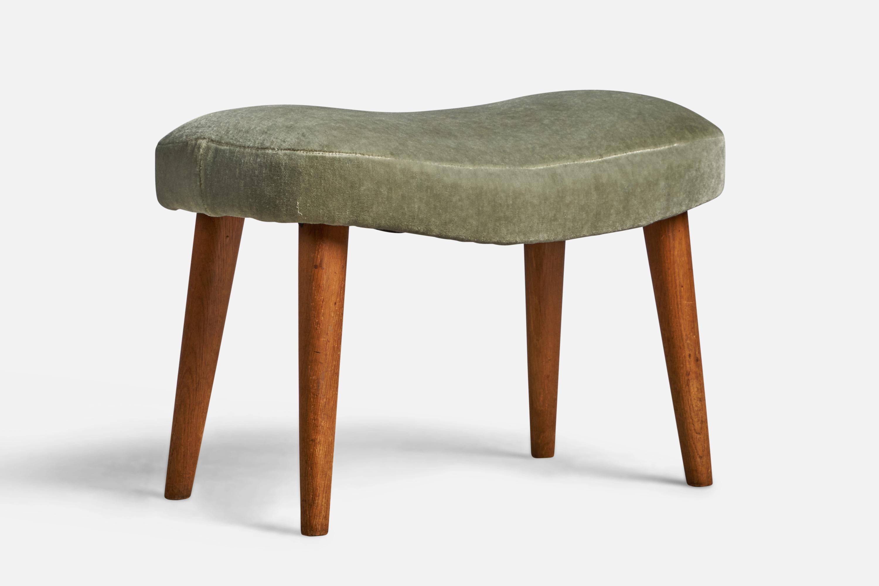 A teak and green mohair stool designed and produced by Madsen & Schubell, Denmark, 1950s.