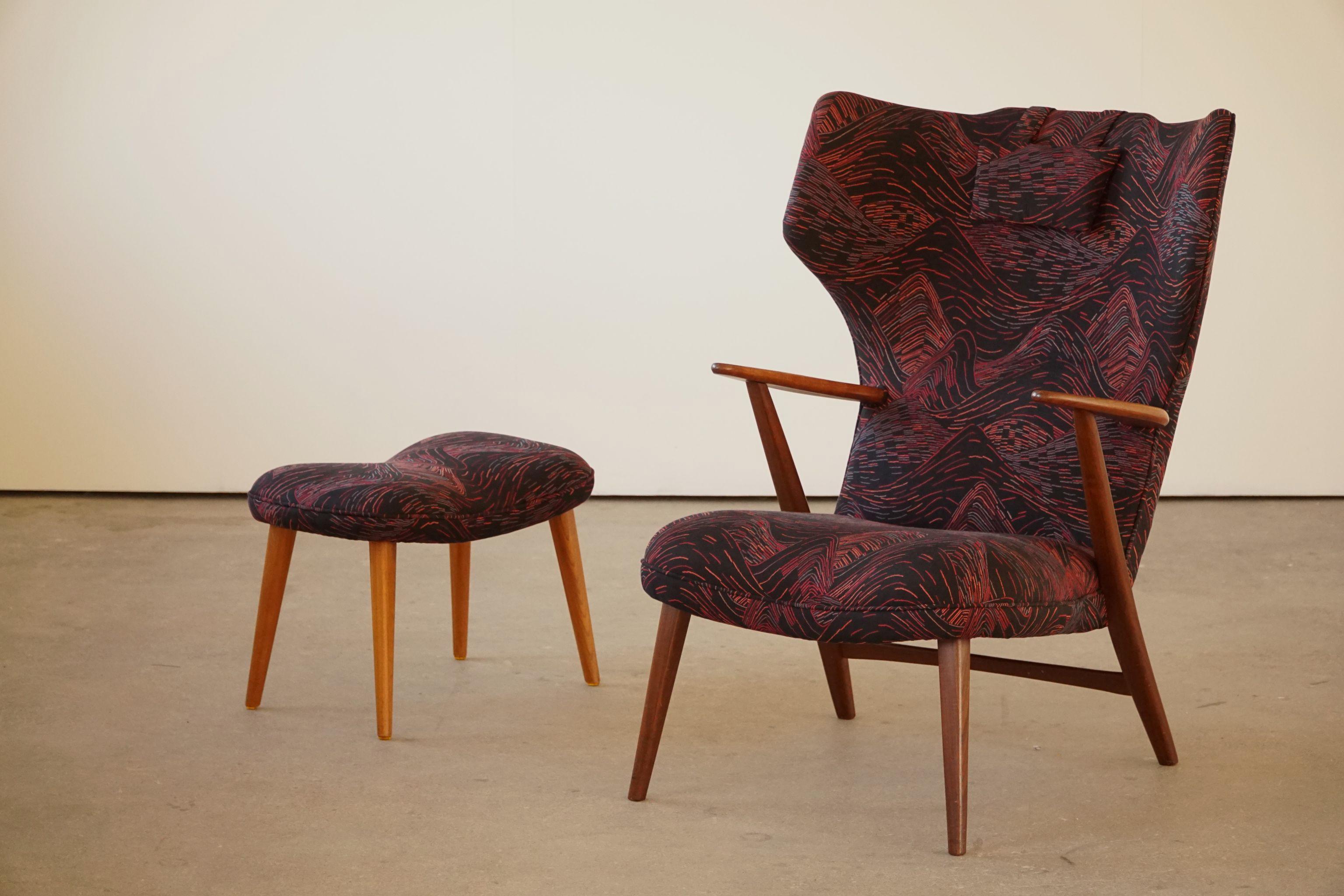 Madsen & Schubell, Wingback Lounge Chair & Stool in Teak, Reupholstered, 1950s  For Sale 9