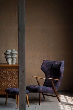 Madsen & Schubell, Wingback Lounge Chair & Stool in Teak, Reupholstered, 1950s