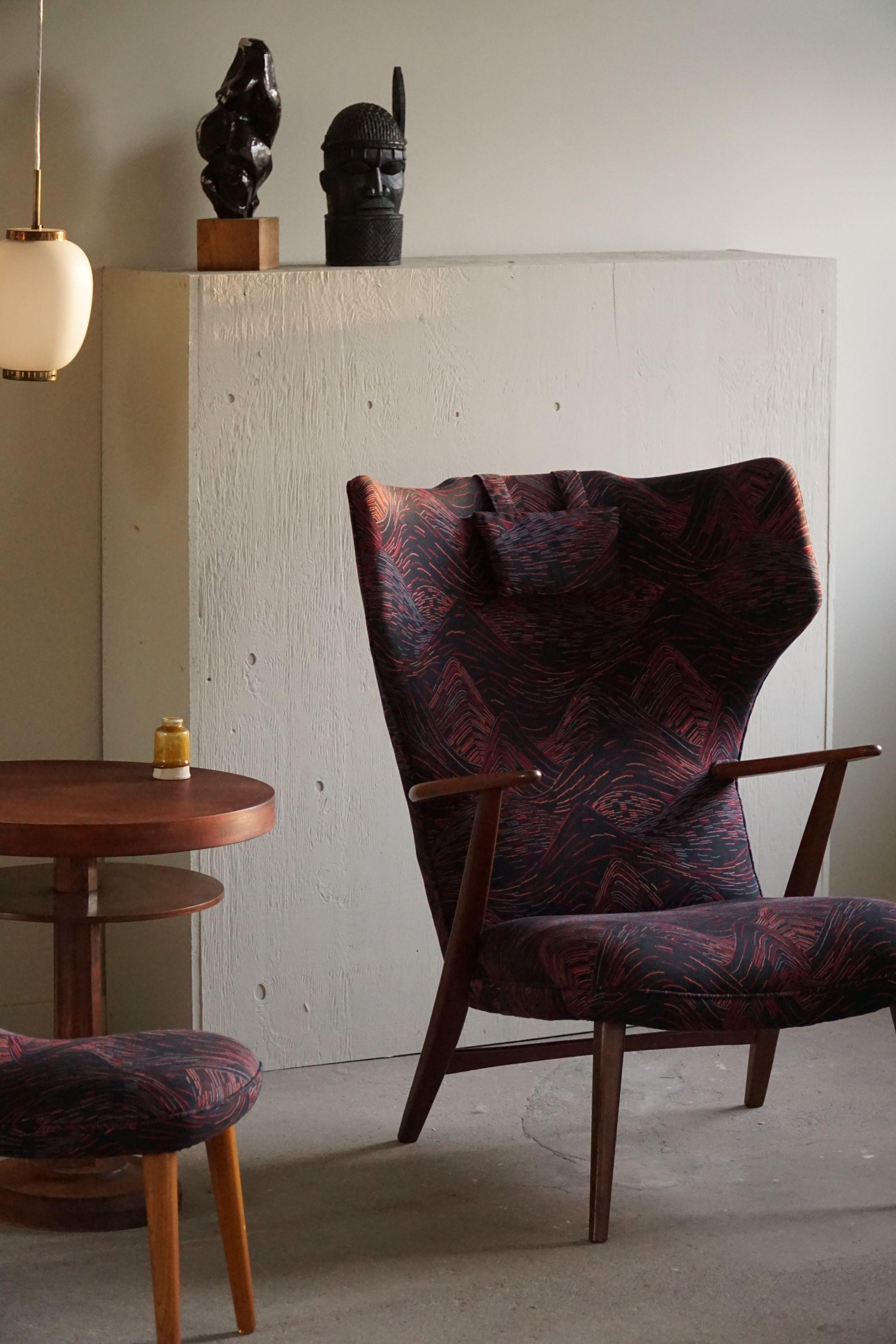 Madsen & Schubell, Silla y taburete Wingback en madera de teca, retapizados, años 50 en venta 1