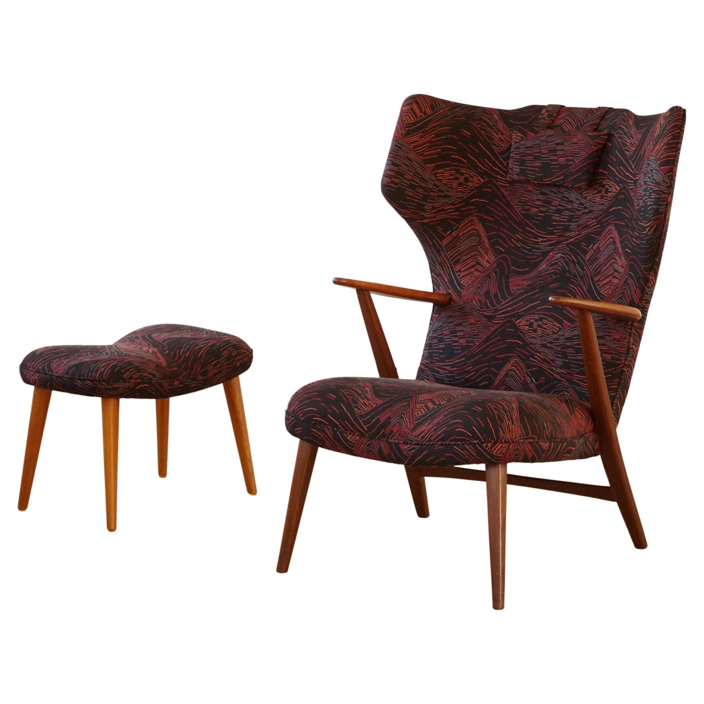 Madsen & Schubell, Wingback Lounge Chair & Stool in Teak, Reupholstered, 1950s  For Sale