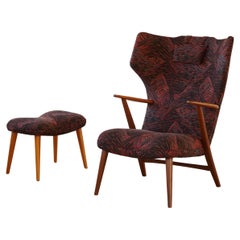 Madsen & Schubell, Wingback Lounge Chair & Stool in Teak, Reupholstered, 1950s 
