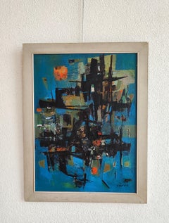 Abstract Composition Painting, Oil on Canvas, Mid-20th Century, Framed