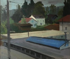 Rooftop View Oil Painting, Framed, Mid-20th Century, Landscape Art
