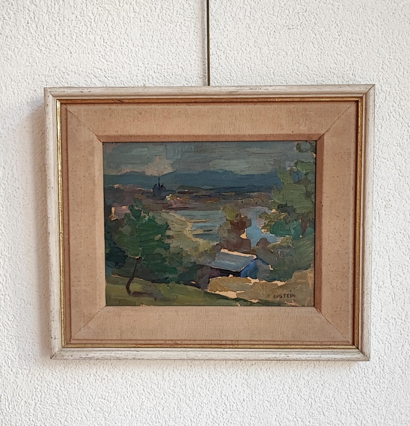 View of Geneva, the Jura and the lake from Cologny - Painting by Mady Epstein