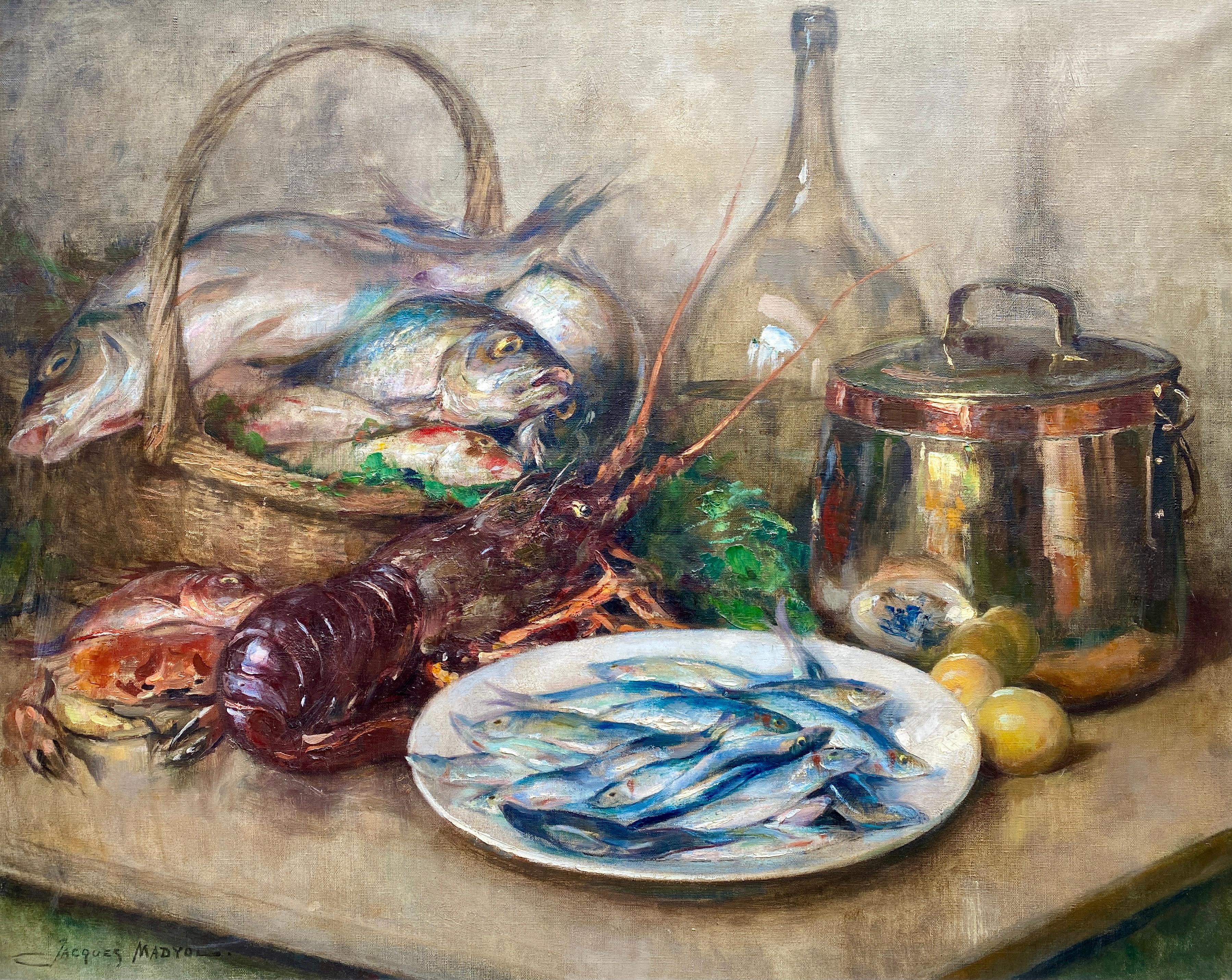 Still Life with Mediterranean Seafood, Jacques Madyol, Brussels 1871 – 1950 - Painting by Madyol Jacques