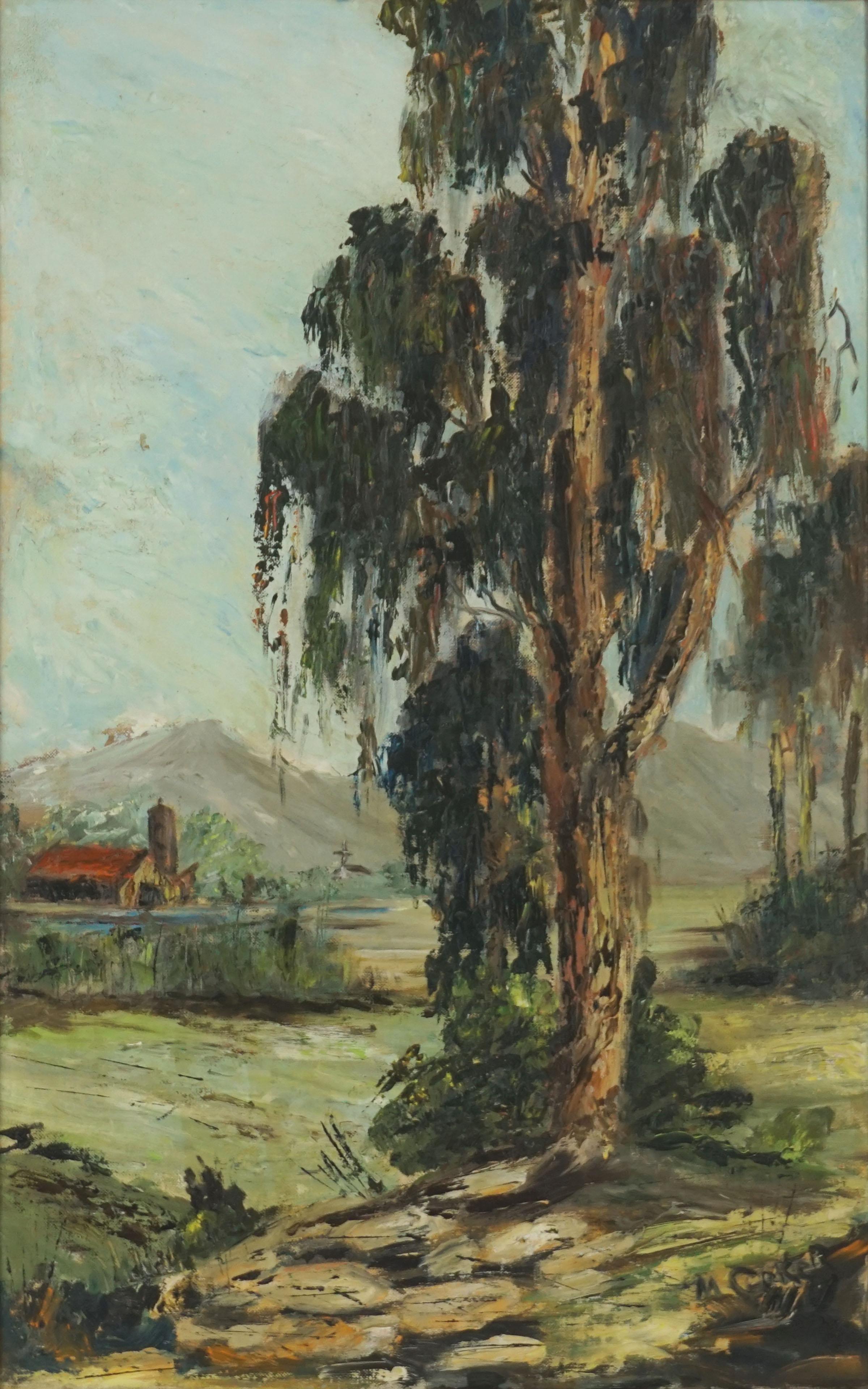 Mid Century California Landscape -- Santa Cruz's Seacliff Park Eucalyptus - Painting by Mae Belle Coker
