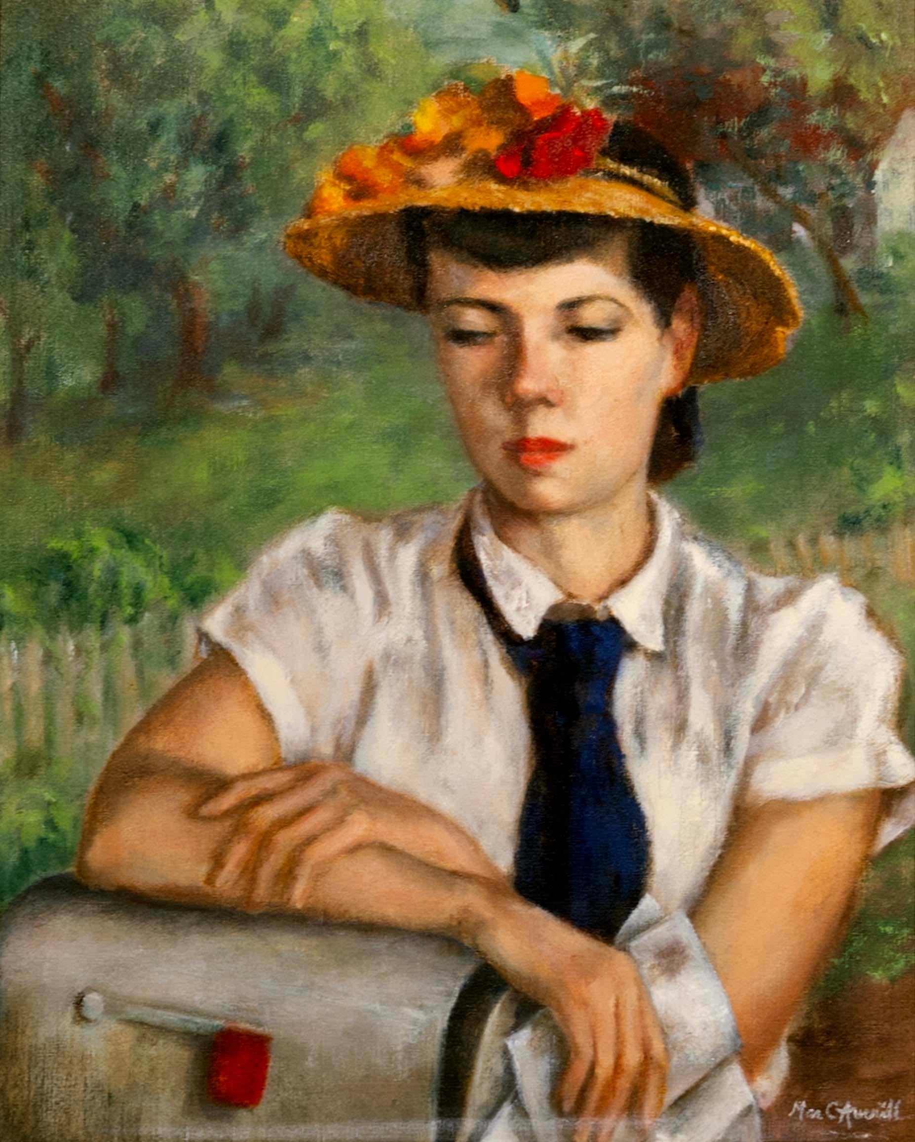 Americano A.I.C. Averill La lettera firmata Pittura ad olio modernista su tela con cornice 1952