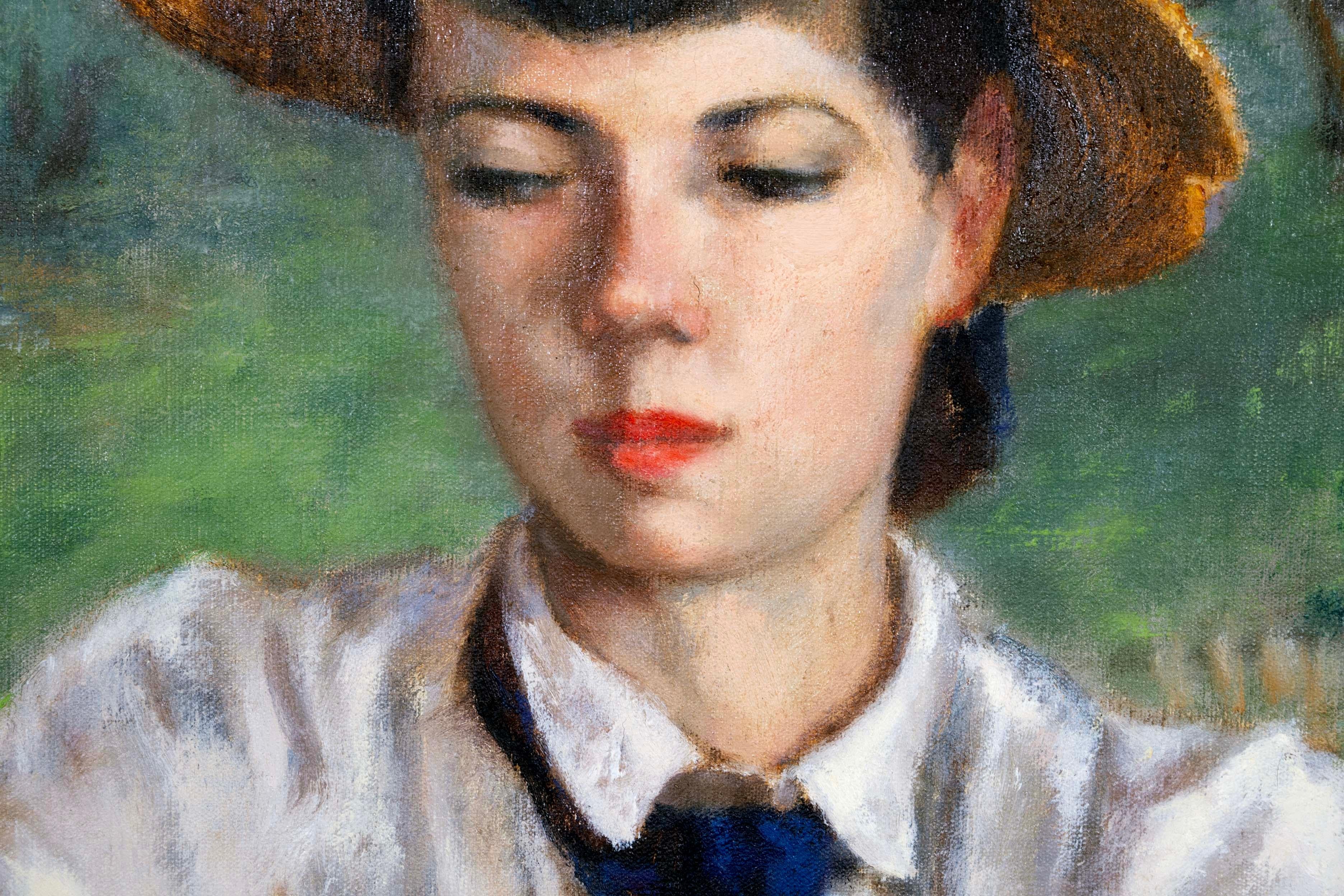 Metà XX secolo A.I.C. Averill La lettera firmata Pittura ad olio modernista su tela con cornice 1952