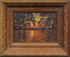 Vintage American Impressionist Bayou Sunset Landscape Giltwood Oil Painting
