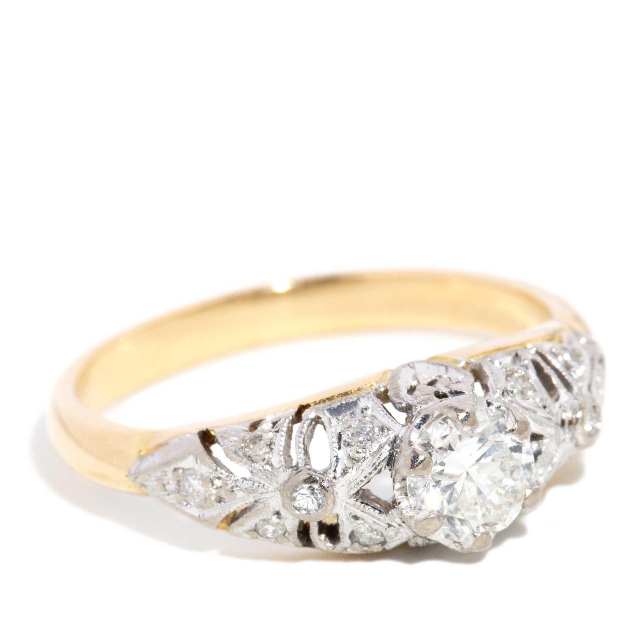 Modern Vintage Circa 1970s Brilliant & Single Diamond Ring 18 Carat Yellow & White Gold For Sale