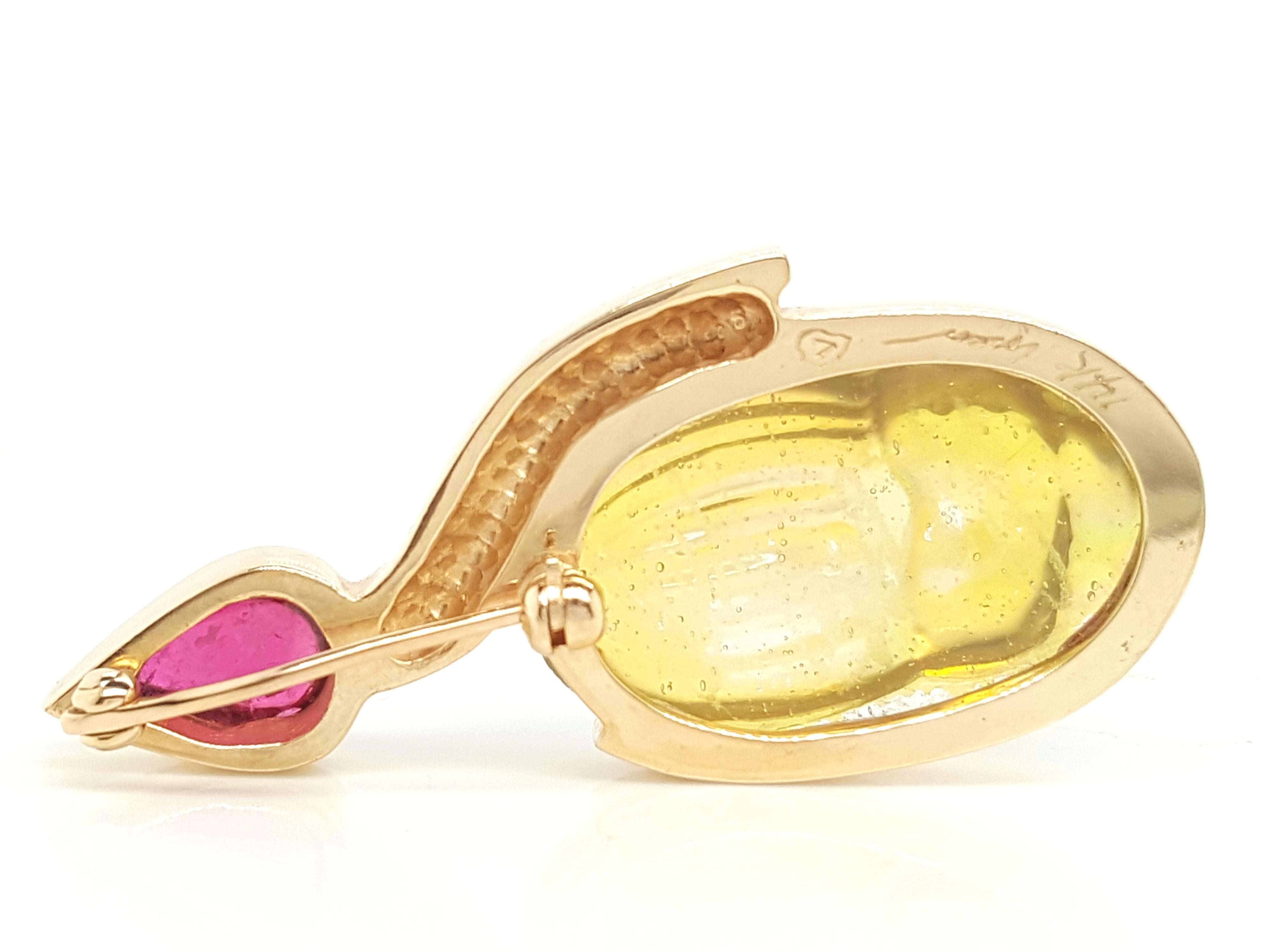 Women's or Men's Maerk Loren 14 Karat Yellow Gold Pink Tourmaline and Diamond Brooch Pin For Sale