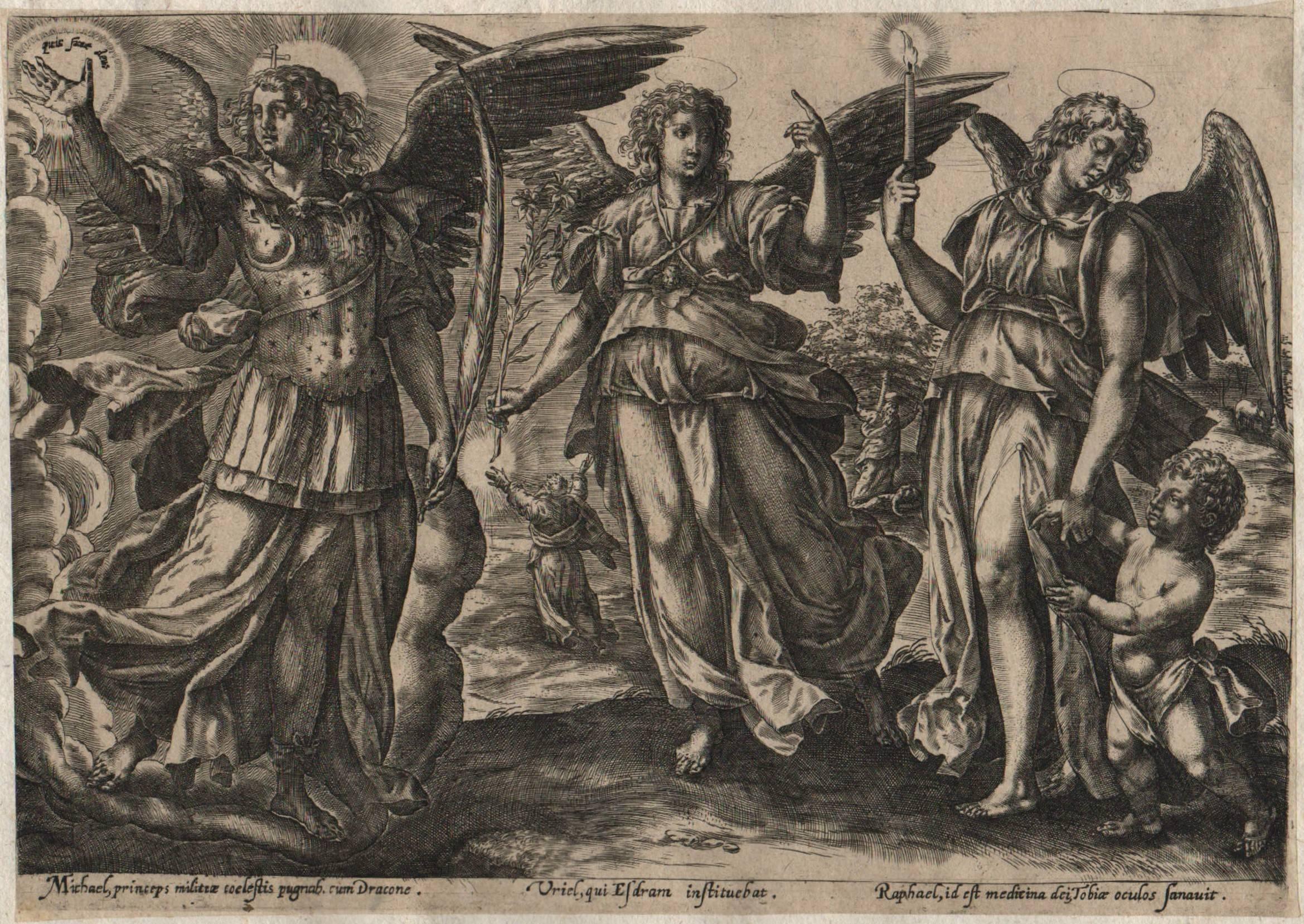Maerten De Vos Figurative Print - Angels - Framed Set of 2 Engravings - Old Master Engraving after Maerten de Vos