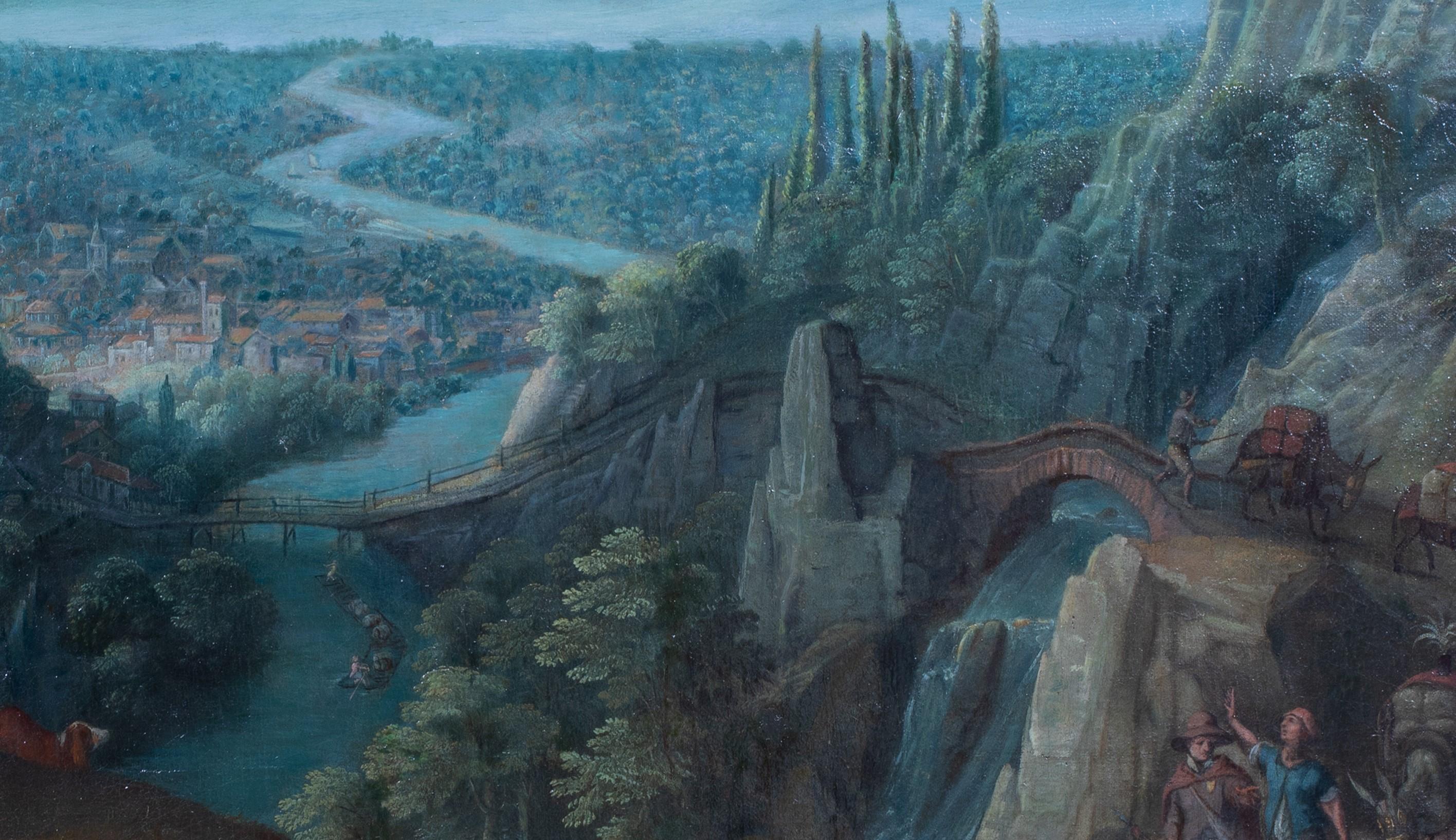 Travellers In A Mountain River Landscape, 17th Century 

Studio of Maerten RYCKAERT (1587-1631)

Large 17th Century Flemish mountain river landscape with travellers, oil on canvas. Excellent quality and condition circa 1620 Italianate carpaccio of