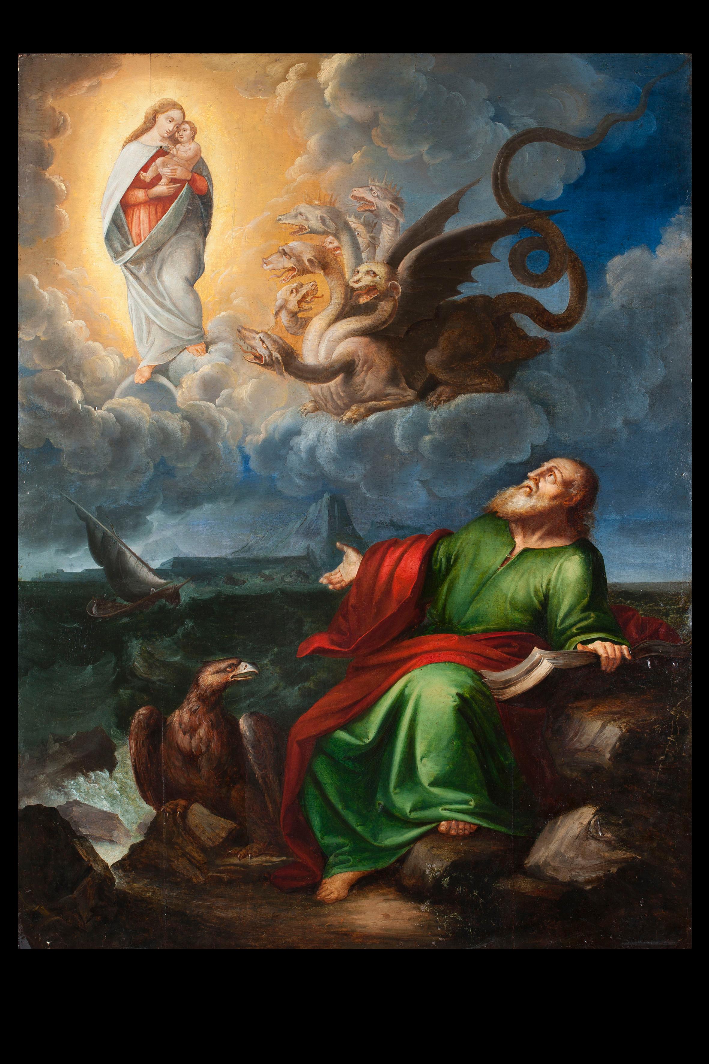 Maestro active in Naples in the 16th century Figurative Painting – 16. Jahrhundert von einem neapolitanischen Meister Vision des Saint John in Patmos Öl auf Leinwand