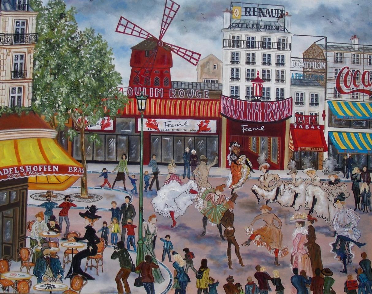 Landscape Painting Maestro Bouchon - Cancans In Moulin Rouge - Peinture de paysage beige brun blanc jaune gris