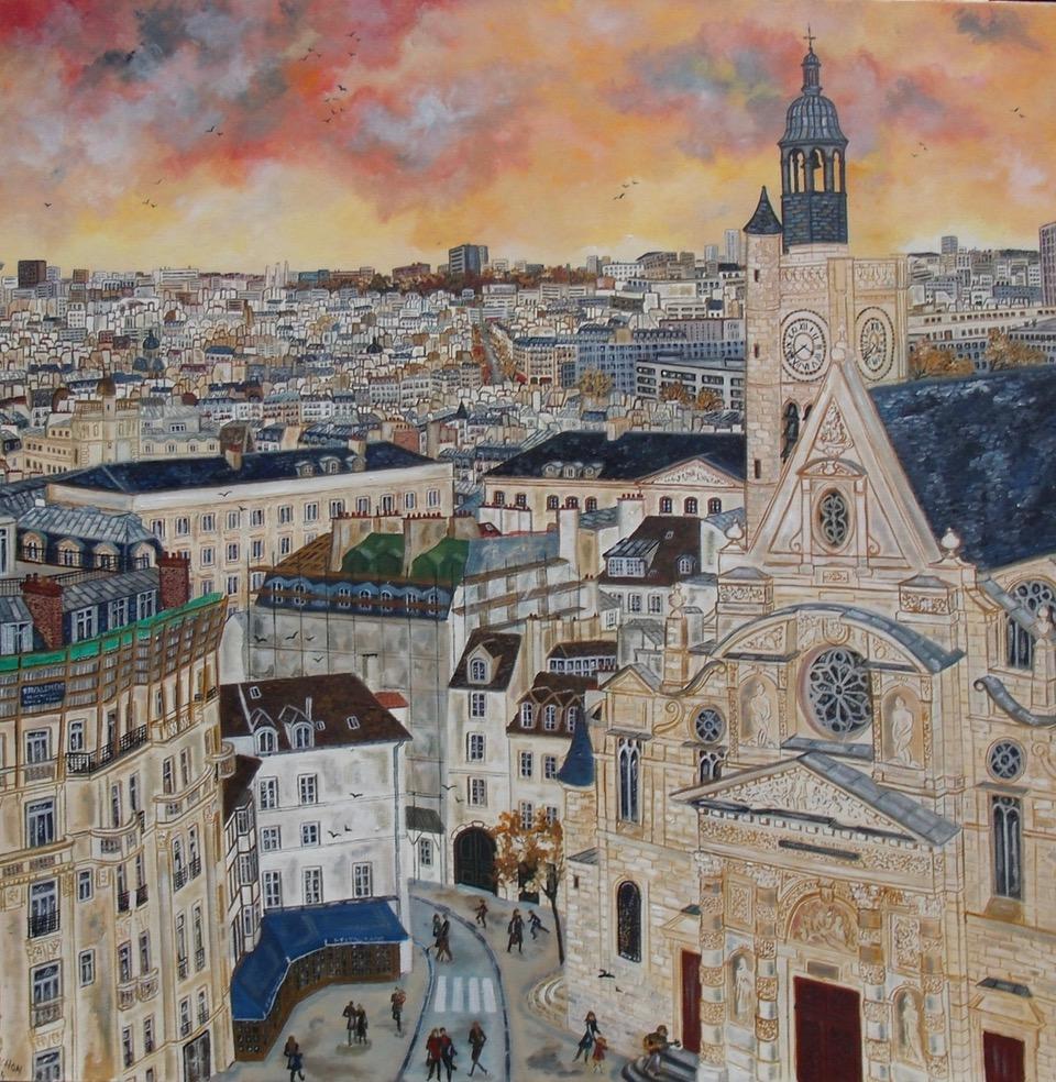 Landscape Painting Maestro Bouchon - De Saint Etienne du Mont - Peinture de paysage beige marron blanc jaune gris
