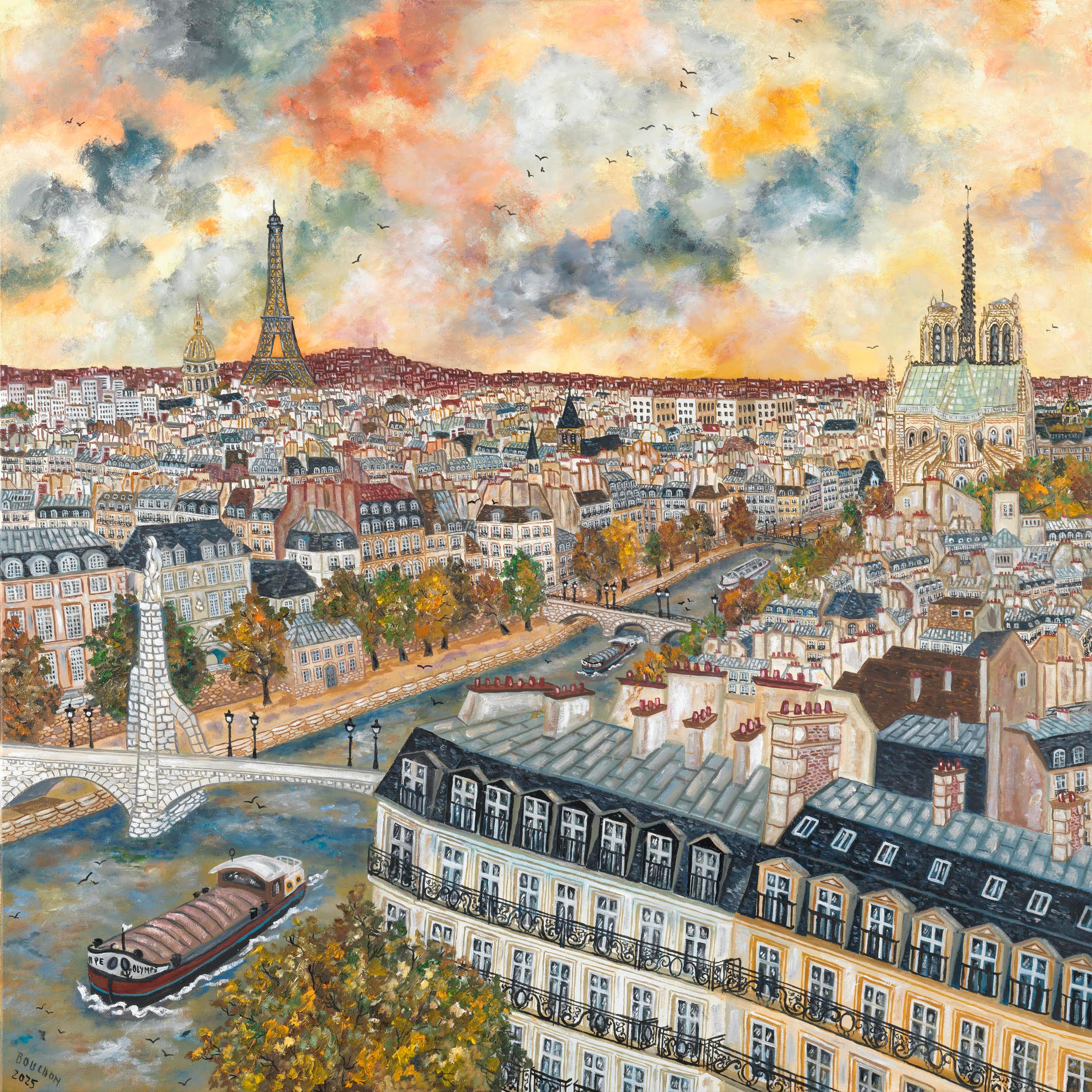 Landscape Painting di Maestro Bouchon - Dall'isola alla Eiffel II - Paesaggio Beige Marrone Bianco Giallo Blu Grigio