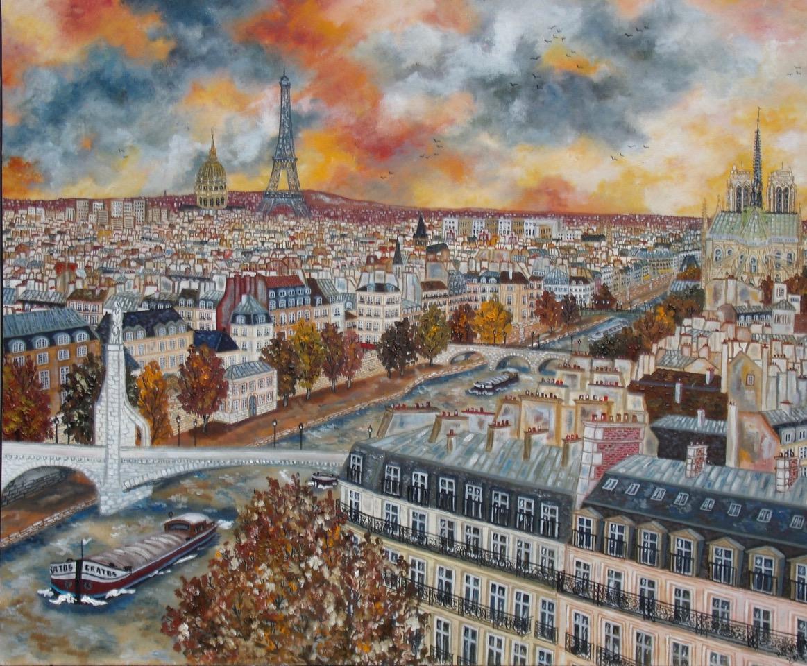 Maestro Bouchon Landscape Painting - From the Island to the Eiffel - Landscape Beige Brown White Yellow Blue Grey