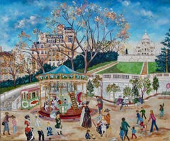 Montmartre's Merry-go-Round - Landschaft  Beige, Braun, Weiß, Blau und Graugrün