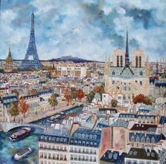 Notre Dame the Eiffel Tower - Landscape Painting Beige Brown White Yellow Grey