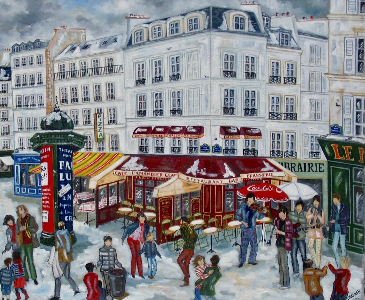 Landscape Painting de Maestro Bouchon - El Almendro - Paisaje Pintura al óleo Rojo Beige Marrón Blanco Amarillo Azul Verde