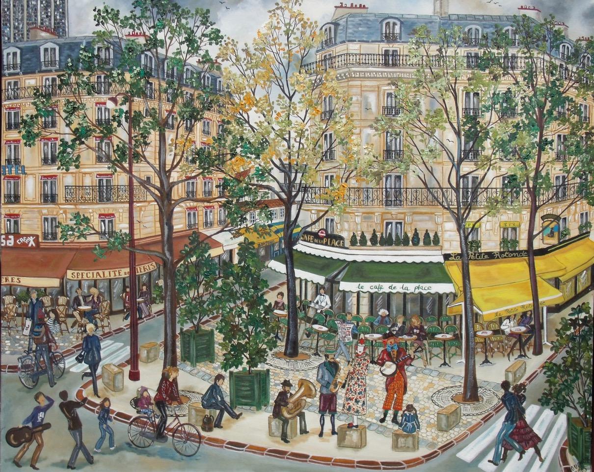 Maestro Bouchon Landscape Painting - The Clowns of Montparnasse - Landscape Beige Brown White Yellow Blue Grey Green