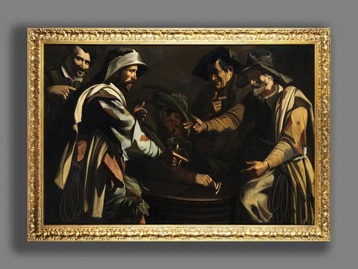 17th Century Maestro della Flagellazione di Cesena Morra players Oil on canvas For Sale 1