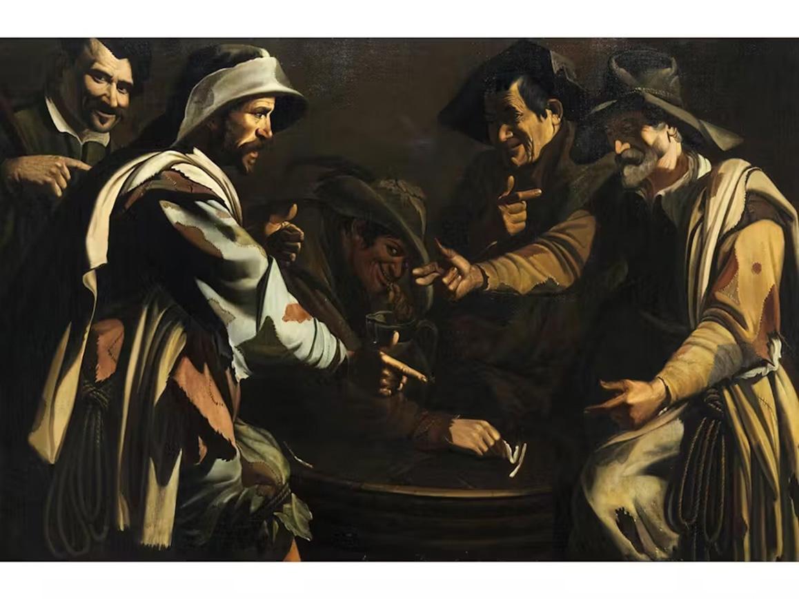17th Century Maestro della Flagellazione di Cesena Morra players Oil on canvas For Sale 2