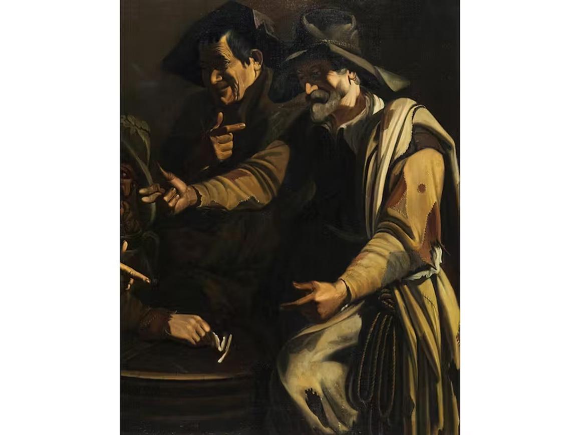 17th Century Maestro della Flagellazione di Cesena Morra players Oil on canvas For Sale 3