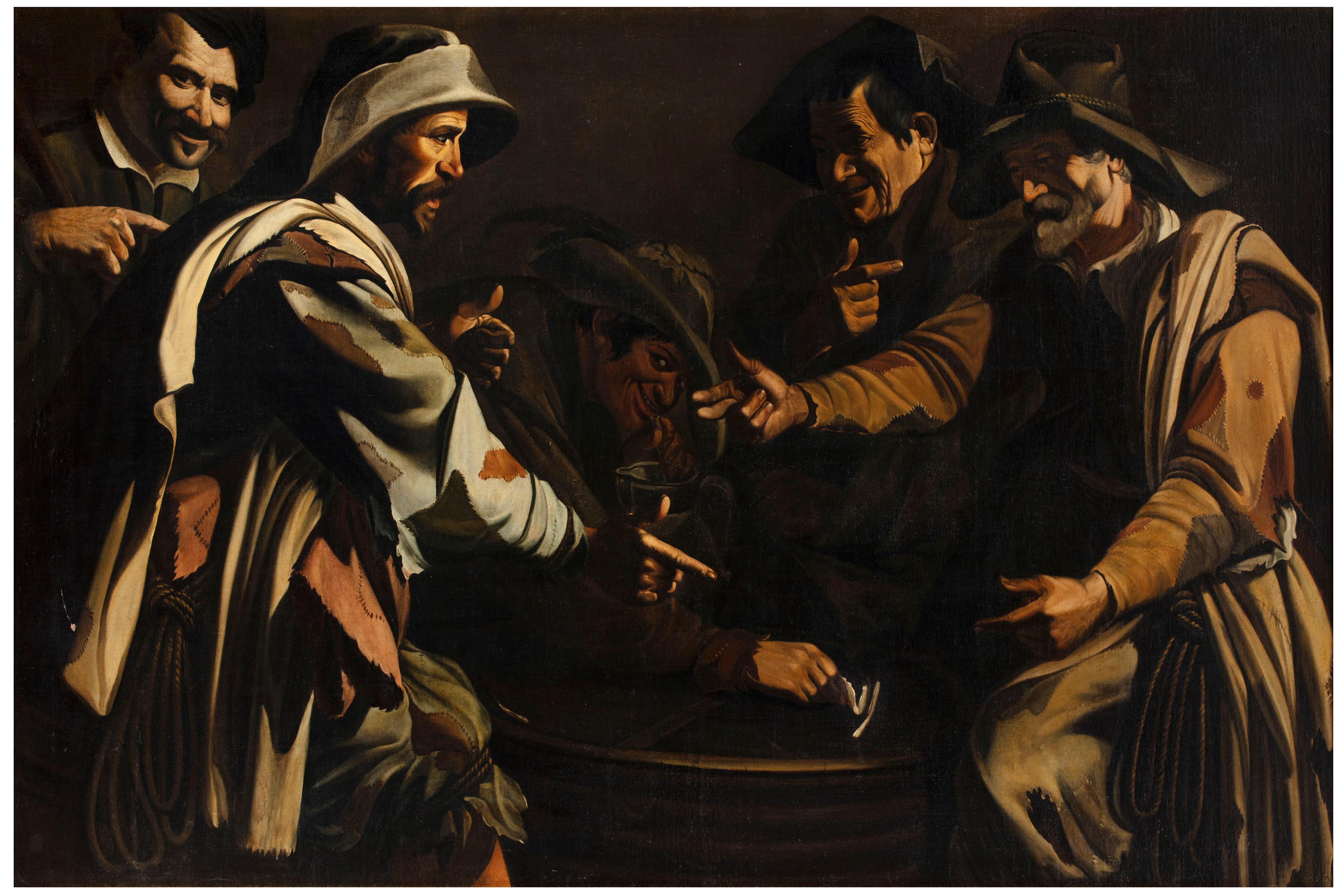 Maestro della Flagellazione di Cesena, active in the second decade of the 17th century
Title: The morra players
Year: 1620 ca. 
Medium: Oil on canvas
Dimensions: without frame 115 x 172 cm – with frame 135 x 192 x 6 cm

Expertise by Gianni Papi, art