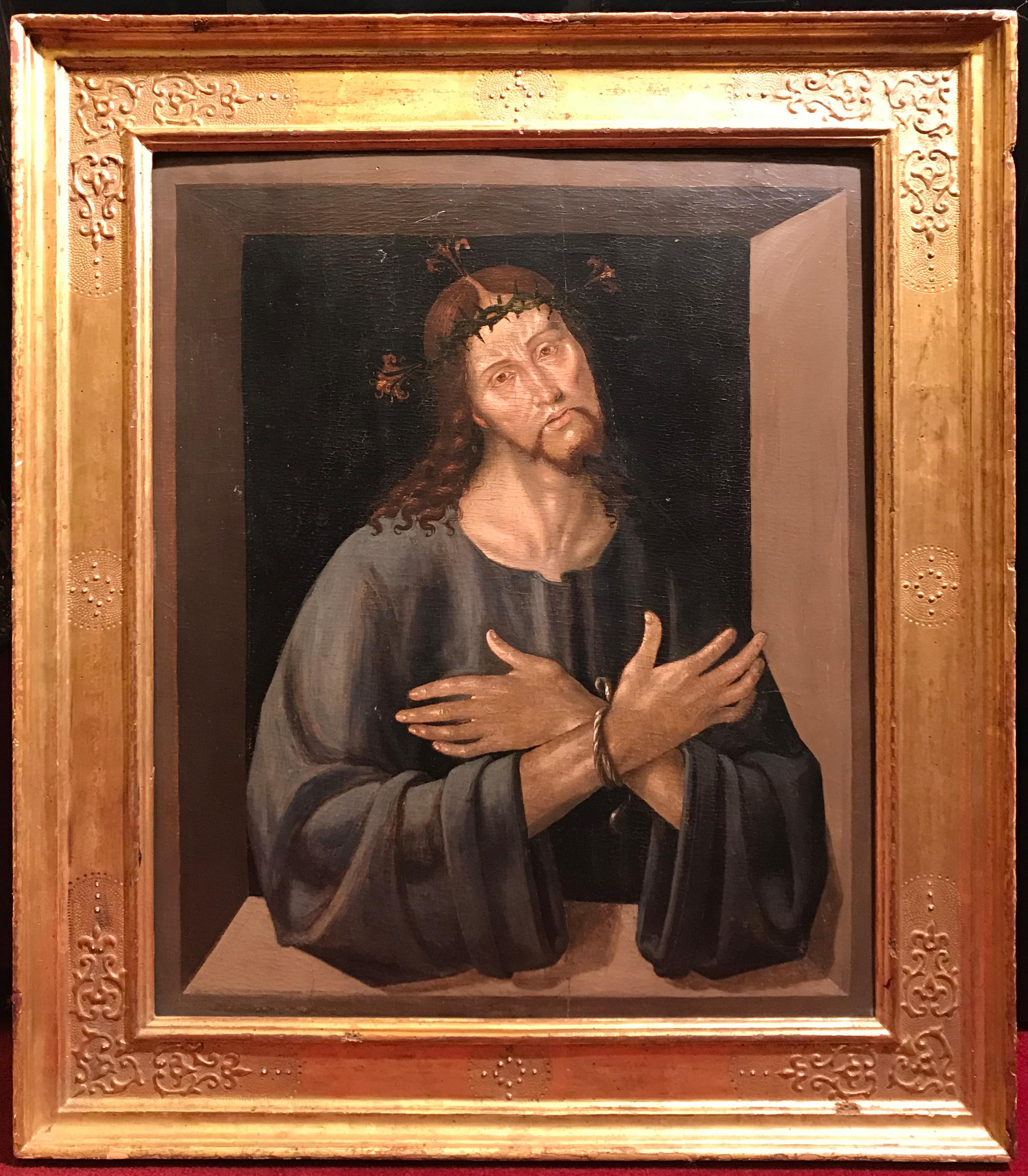 Maestro della Pala Sforzesca del XV secolo 
Titolo: Ecce Homo
Medium: Tempera su pannello
Dimensioni: senza cornice 64,9 x 53,2 - con cornice 82 x 70 x 5 cm
Bellissima cornice a cassetta in legno inciso, intagliato e dorato.

Perizia orale del Prof.