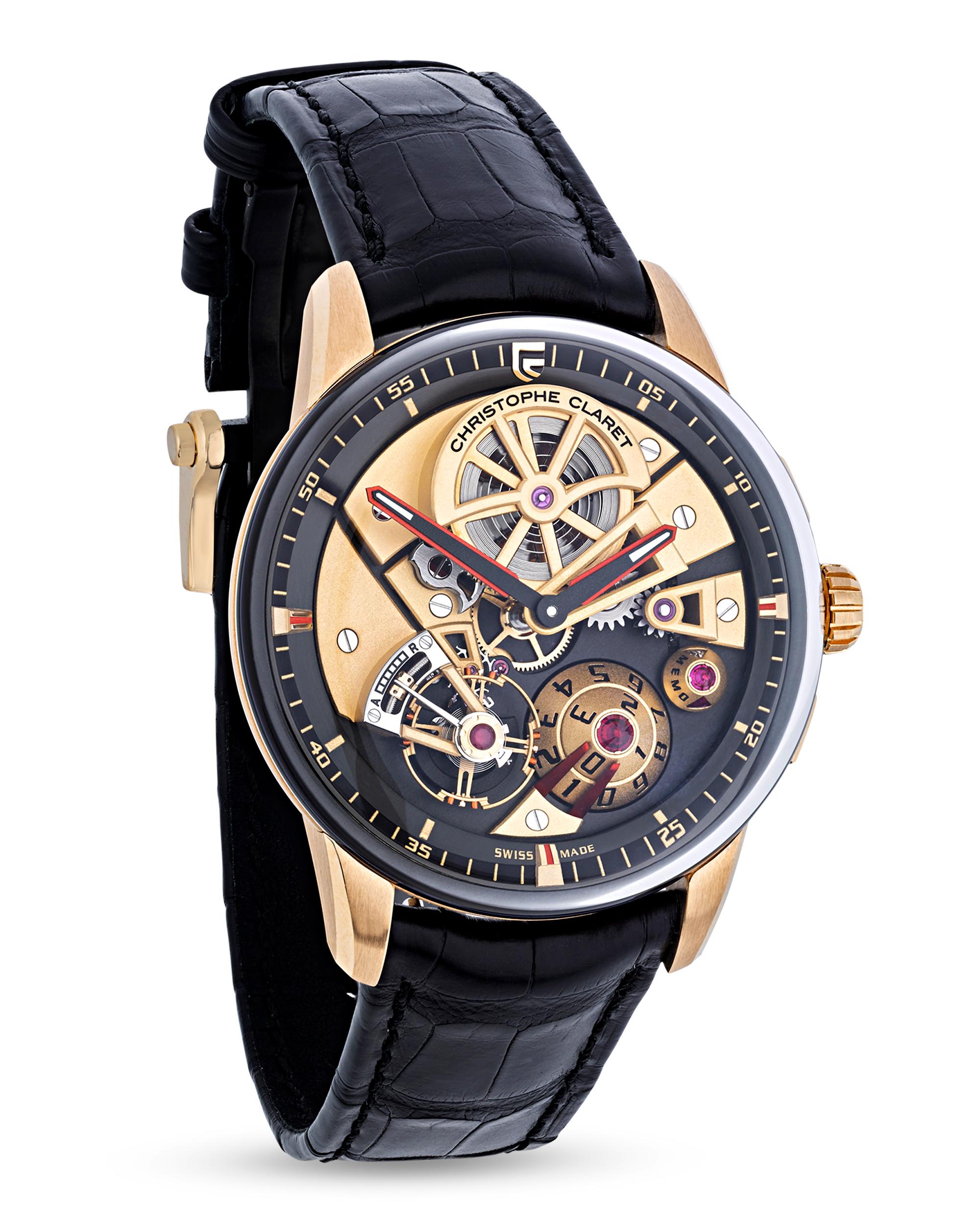 This wristwatch by Christophe Claret is part of the limited edition Maestro collection, and it displays a plethora of novel complications upon a playfully modern face. A large conical date dial topped with a ruby sits at 5 o’clock, creating a