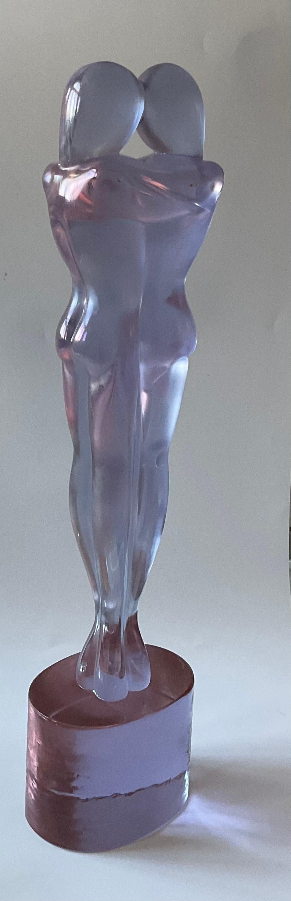 Maestro Renato Anatra Purple entwined Murano glass couple figure in irredescent glass with oval purple glass base. The sculpture is signed in script by the artist. Beautiful color.