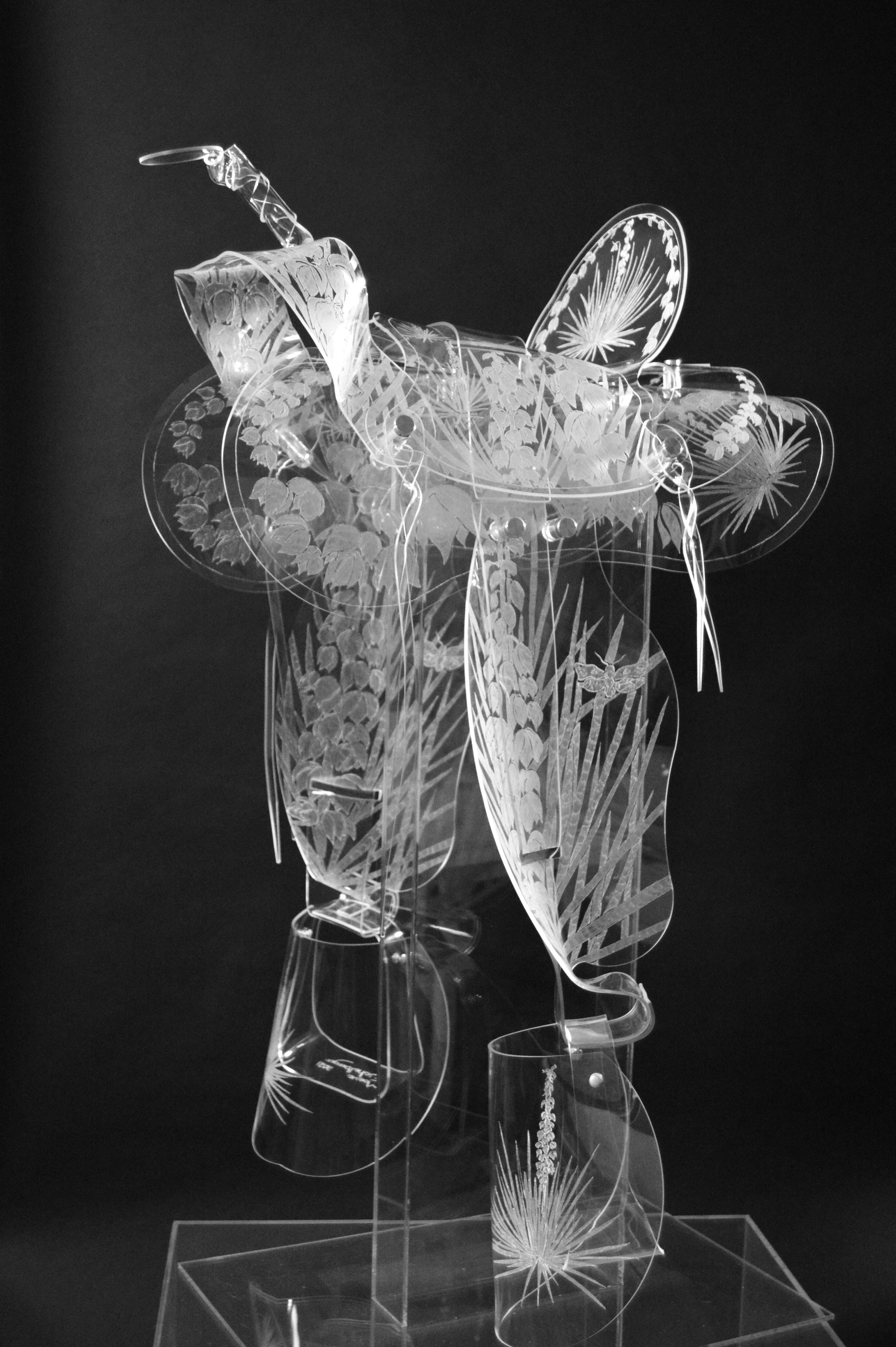 Maeve Eichelberger Figurative Sculpture - "Yucca and Moth" - hand etched and hand formed acrylic