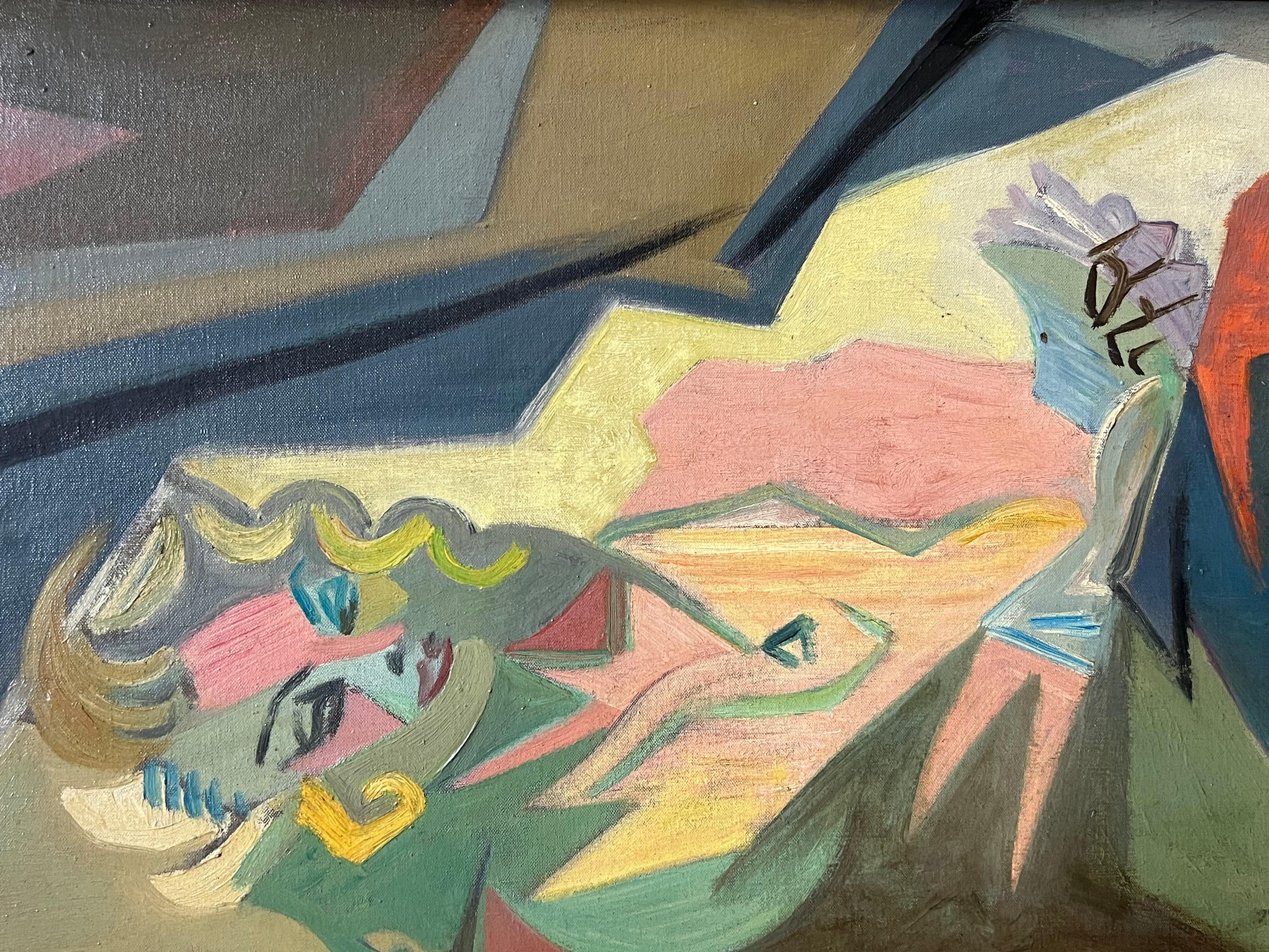 Ritratto a olio firmato di misteriosa signora bionda che legge, cubista francese degli anni '50 in vendita 6