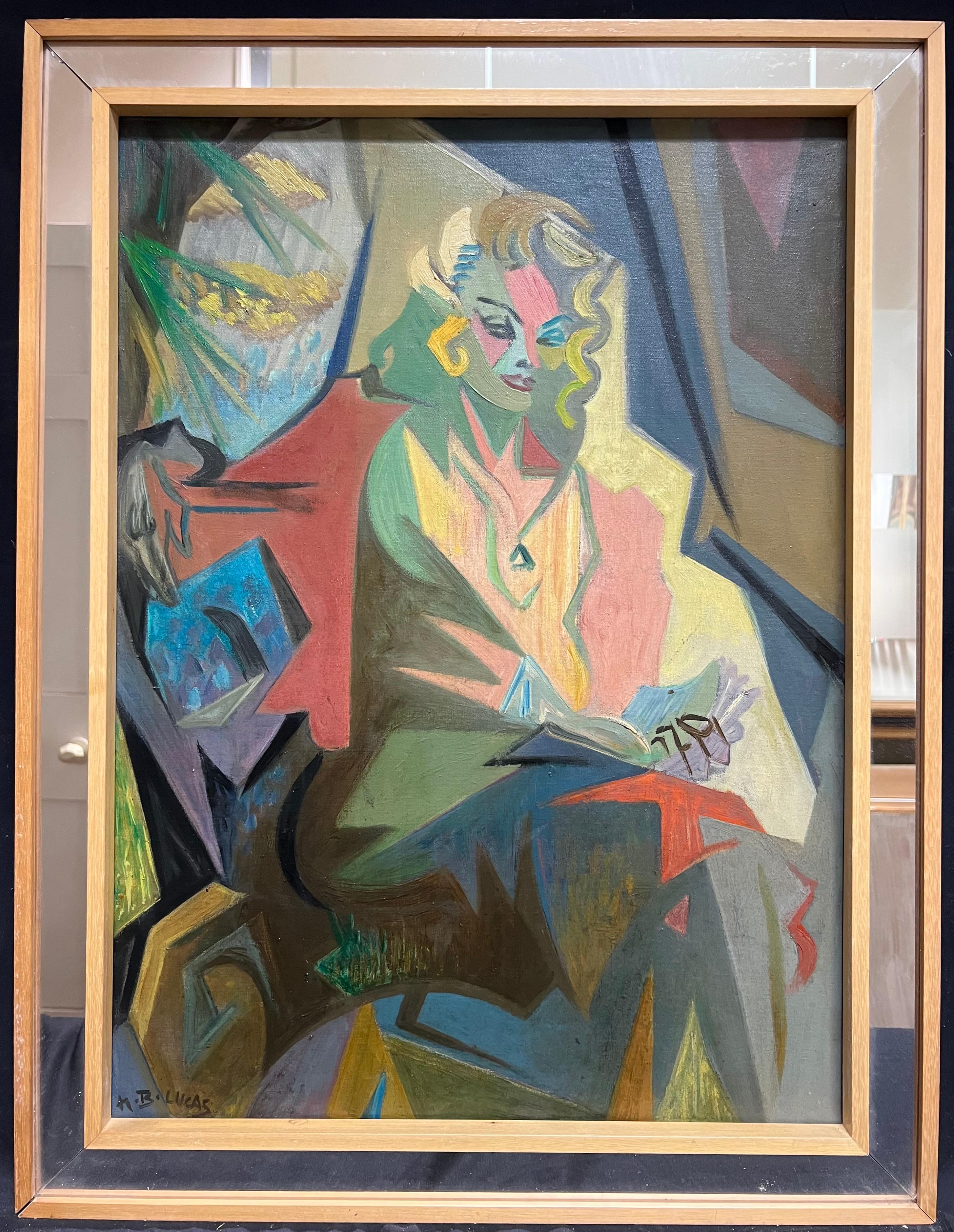 Ritratto a olio firmato di misteriosa signora bionda che legge, cubista francese degli anni '50 - Painting di Magali Lucas
