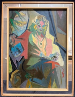 1950's French Cubist Signed Oil Portrait of Mysterious Blonde Lady Reading
