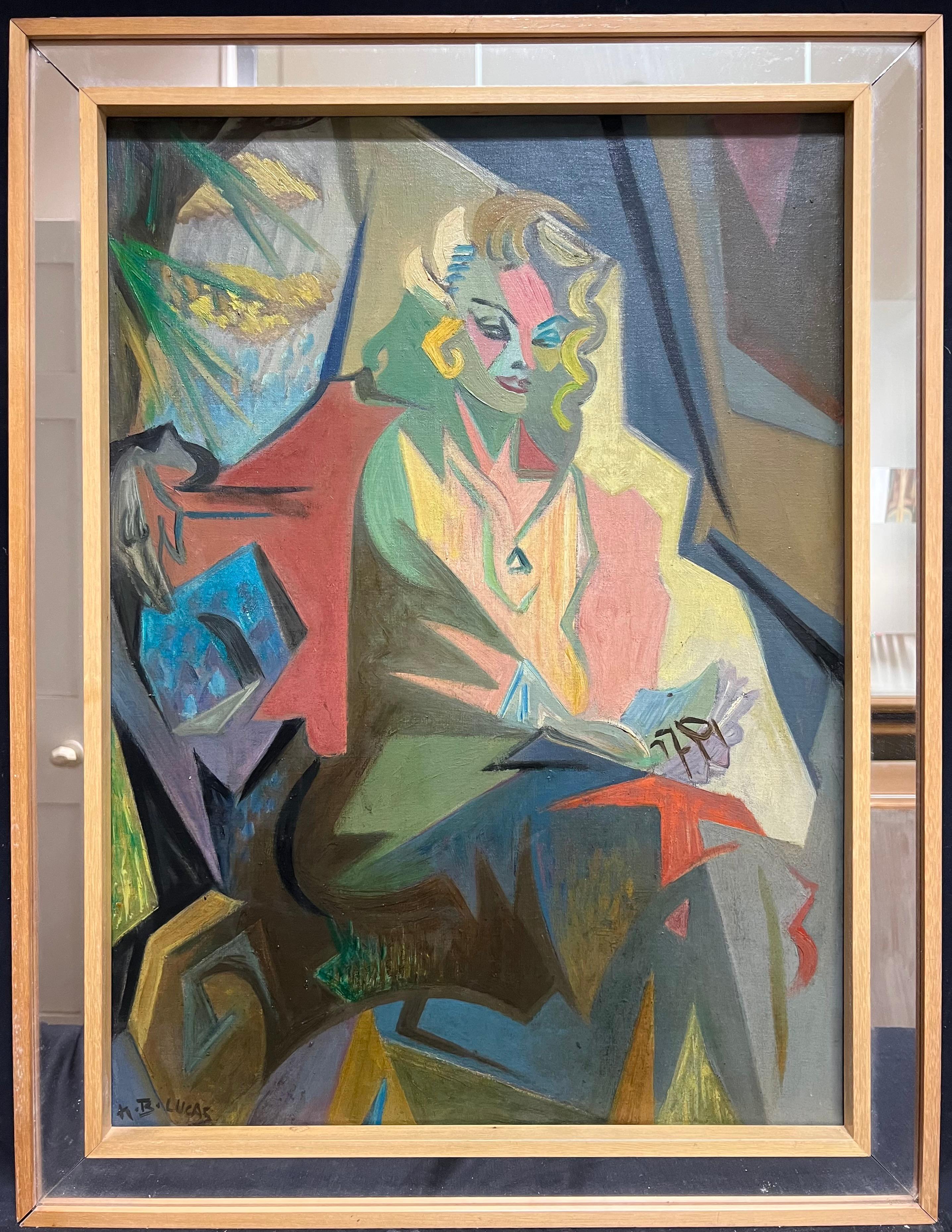 Ritratto a olio firmato di misteriosa signora bionda che legge, cubista francese degli anni '50 - Painting Cubismo di Magali Lucas