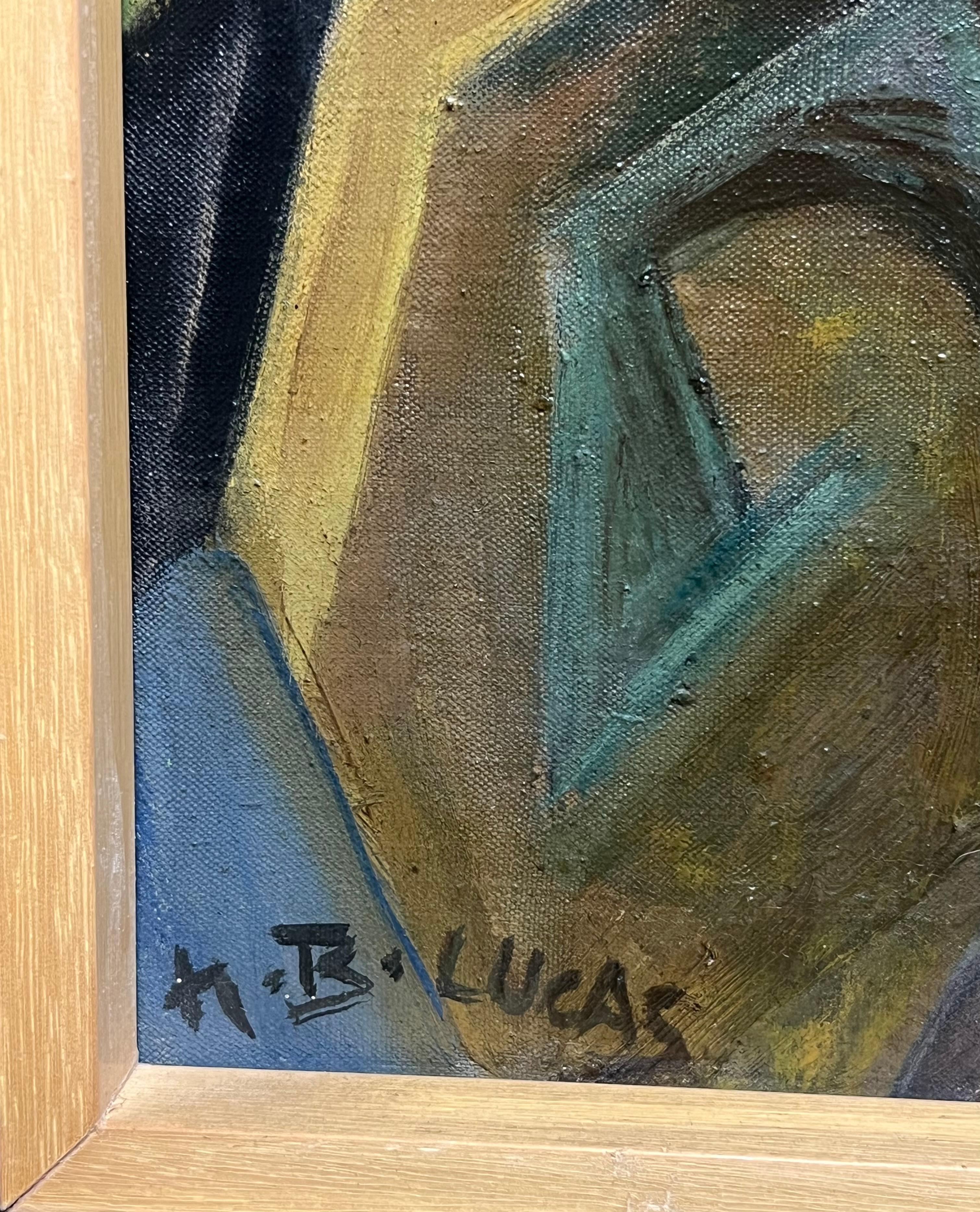Ritratto a olio firmato di misteriosa signora bionda che legge, cubista francese degli anni '50 - Abstract Painting Grigio di Magali Lucas