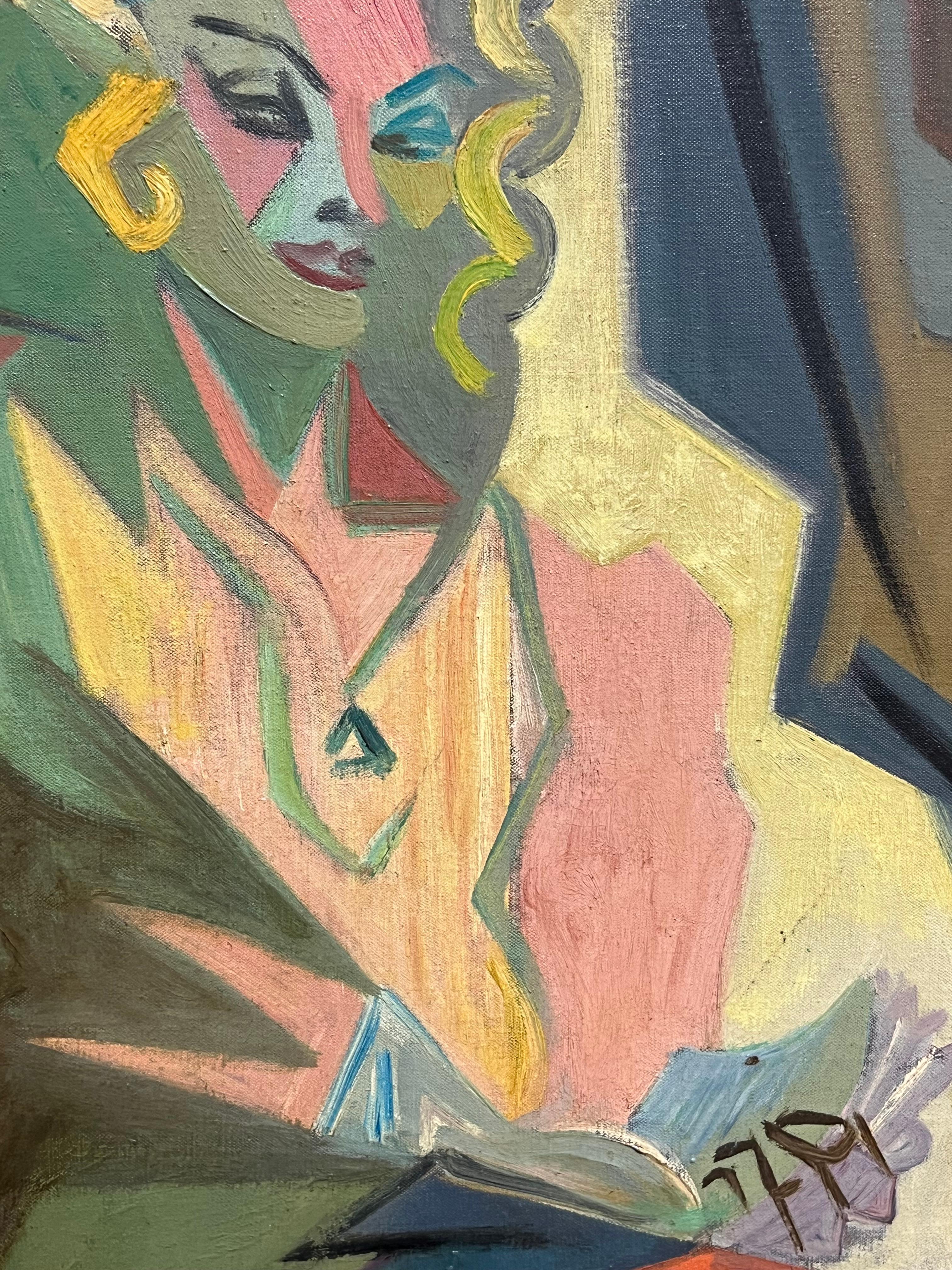 Ritratto a olio firmato di misteriosa signora bionda che legge, cubista francese degli anni '50 in vendita 1