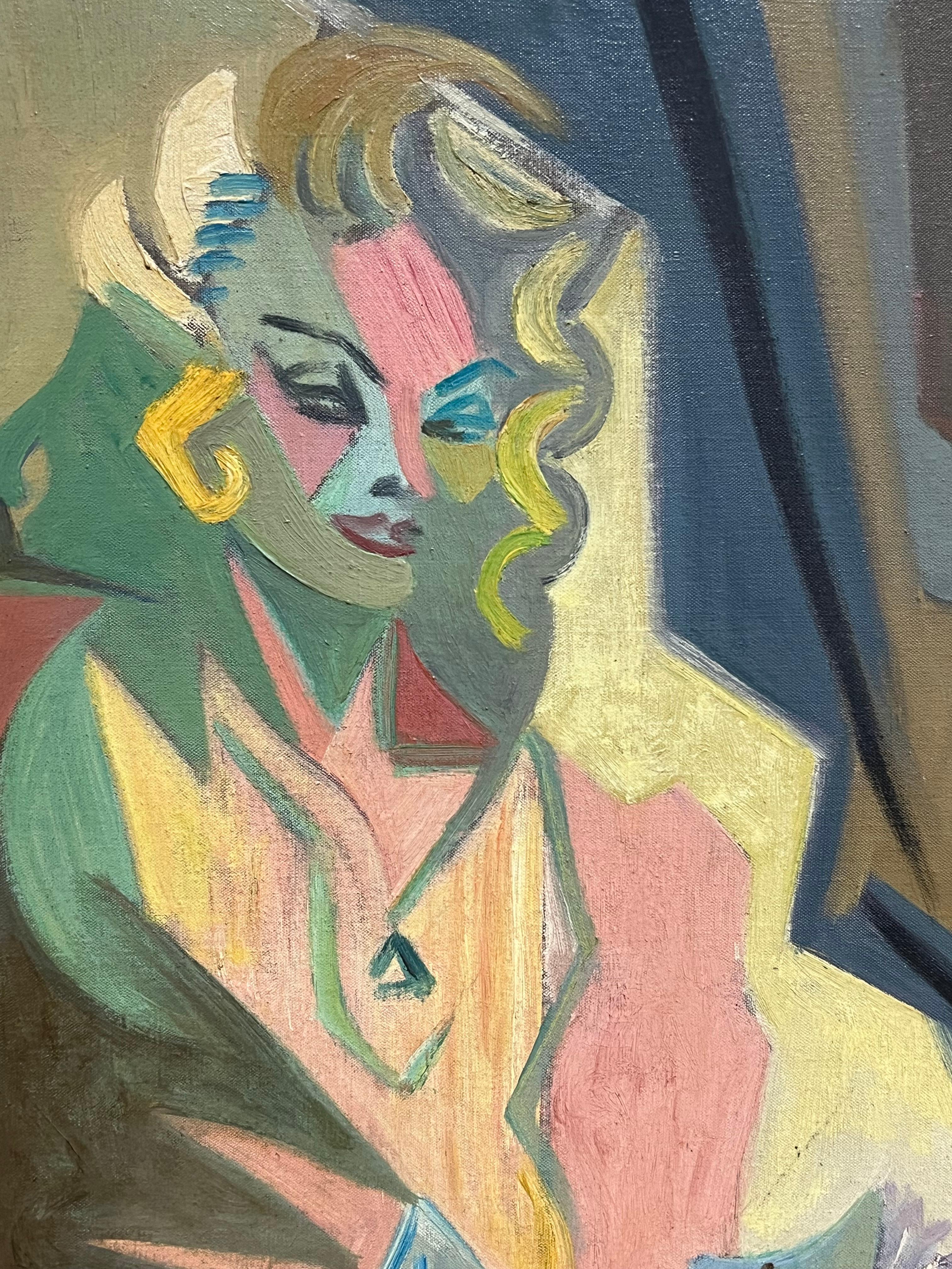 Ritratto a olio firmato di misteriosa signora bionda che legge, cubista francese degli anni '50 in vendita 3