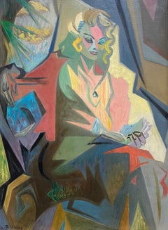 Retrato al óleo de una misteriosa dama rubia leyendo, firmado por un cubista francés de los años 50