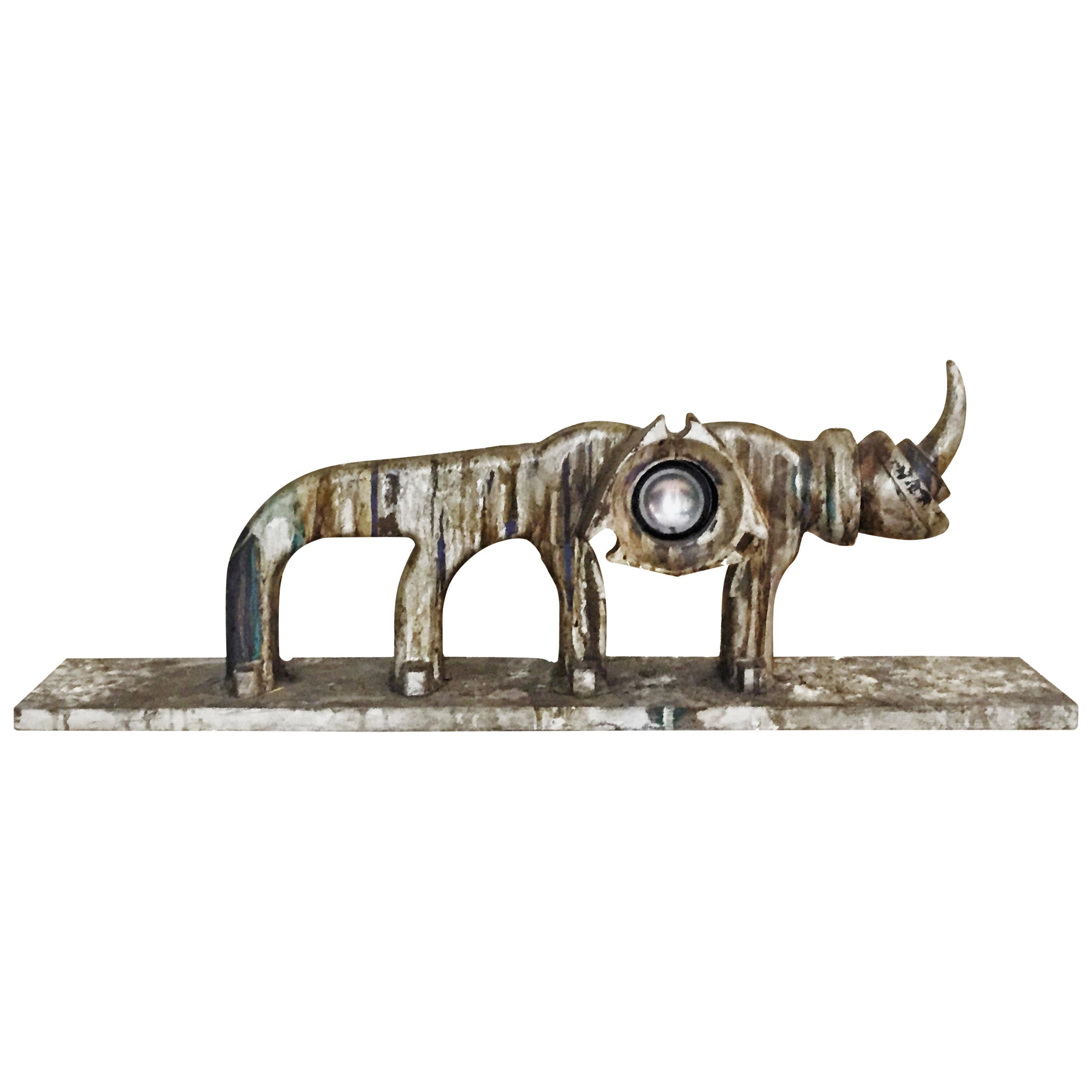 Magali, Rhinoceros, Modern Duralumin & Wood Sculpture, circa 1990s For Sale