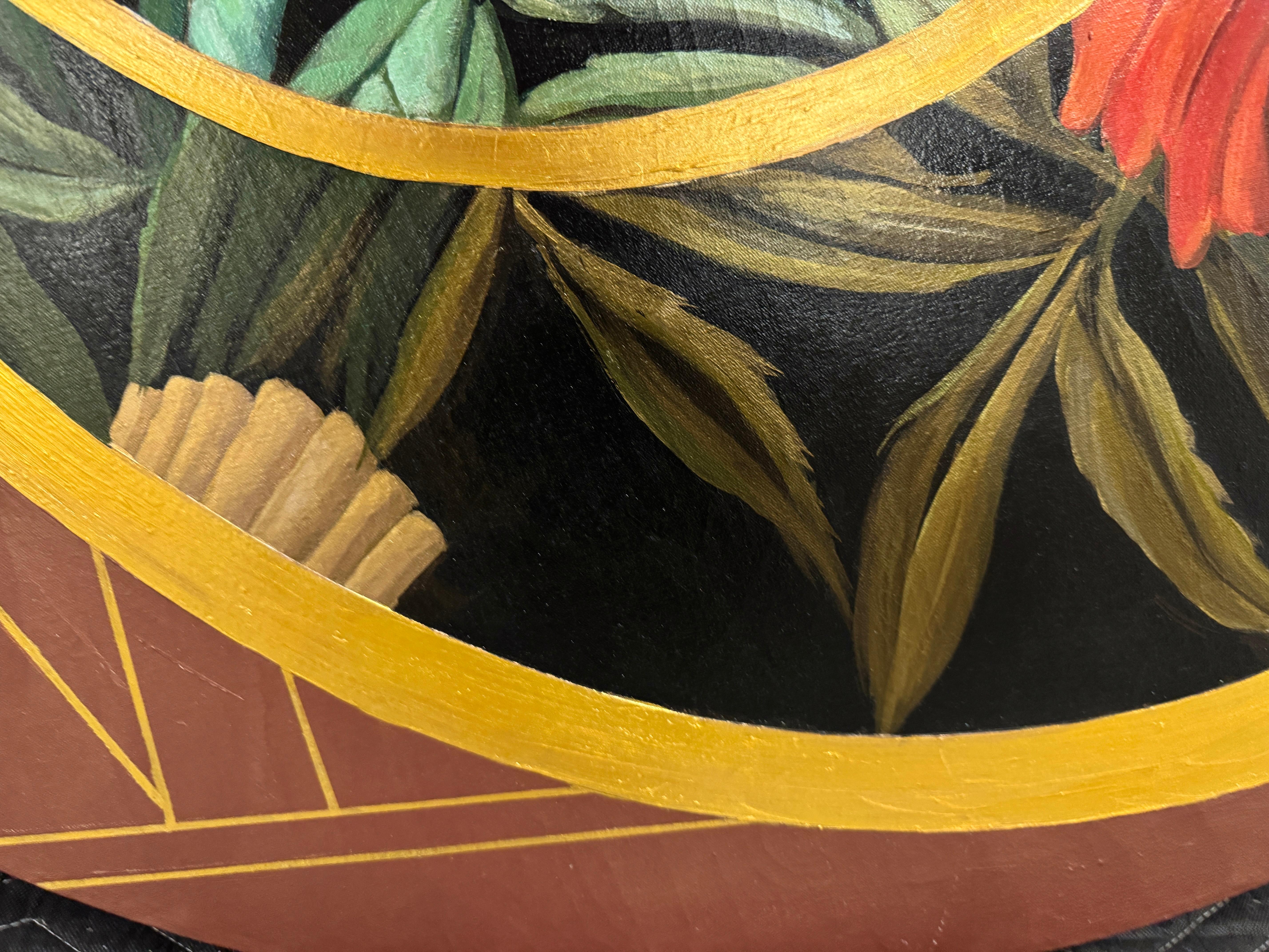Peinture acrylique, cercle avec fleurs et or, 2019 en vente 6