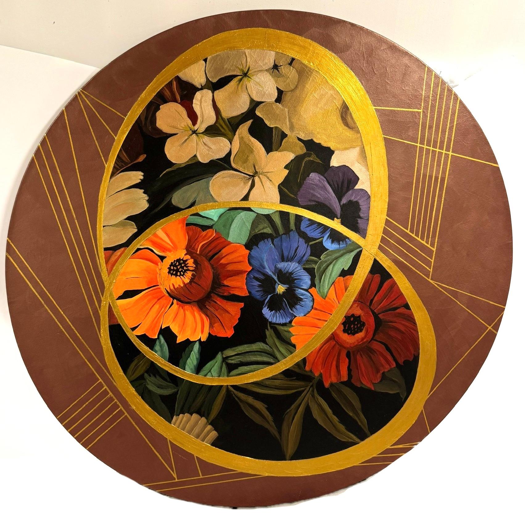 Peinture acrylique, cercle avec fleurs et or, 2019 en vente 9