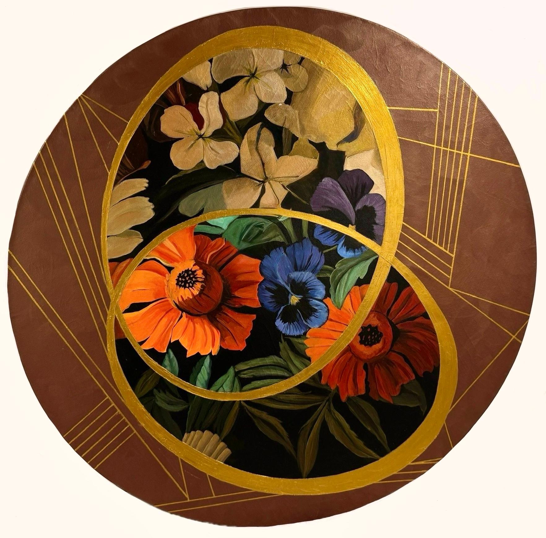 Peinture acrylique, cercle avec fleurs et or, 2019