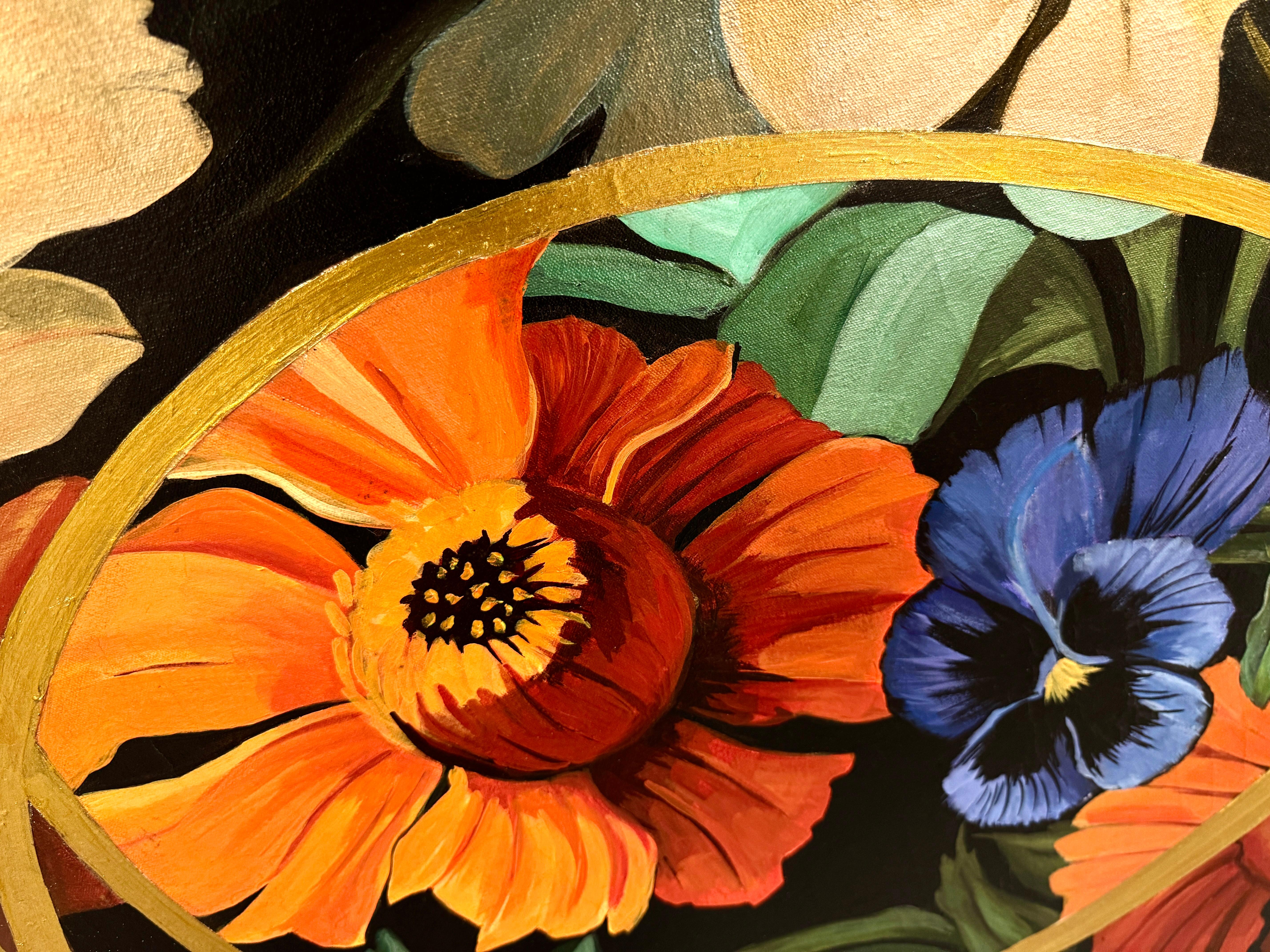 Peinture acrylique, cercle avec fleurs et or, 2019 - Marron Abstract Painting par Magaly Sanchez