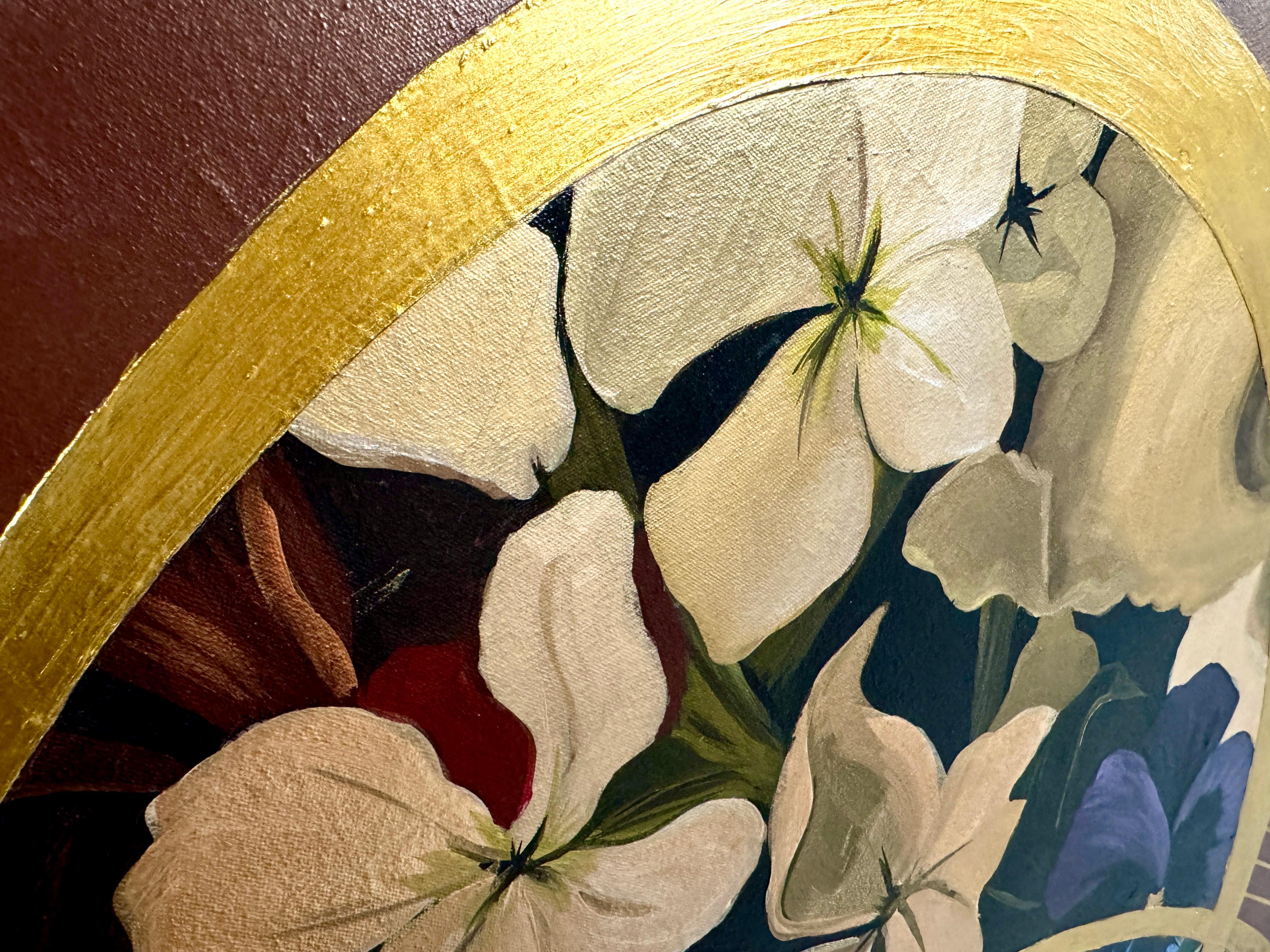 Cette peinture de fleurs circulaires met en évidence le style caractéristique de Magaly Sánchez, qui incorpore des images du monde naturel à une géométrie audacieuse. Le monde des plantes, des feuilles et des fleurs de Sánchez habite un paysage