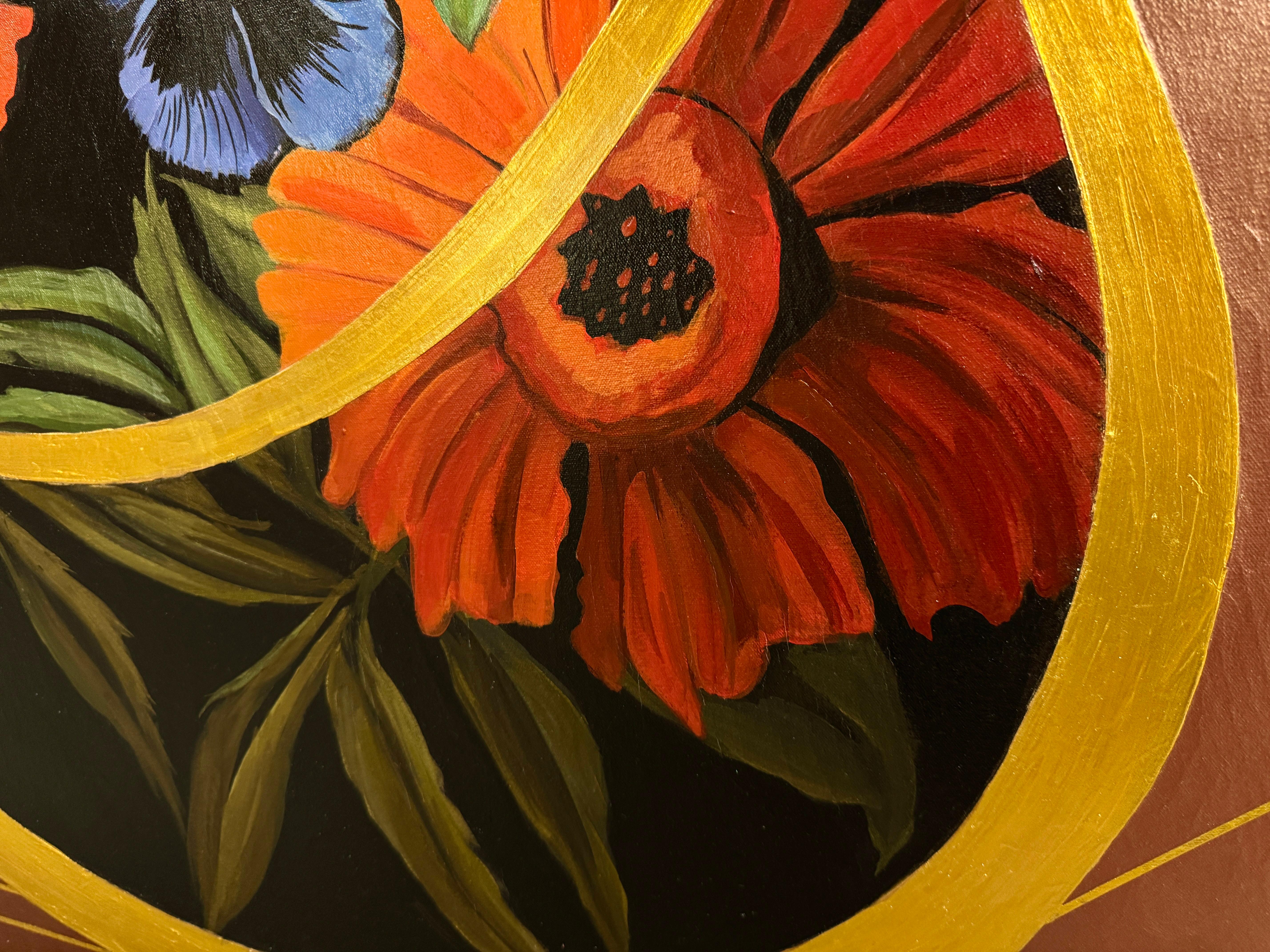Peinture acrylique, cercle avec fleurs et or, 2019 en vente 1